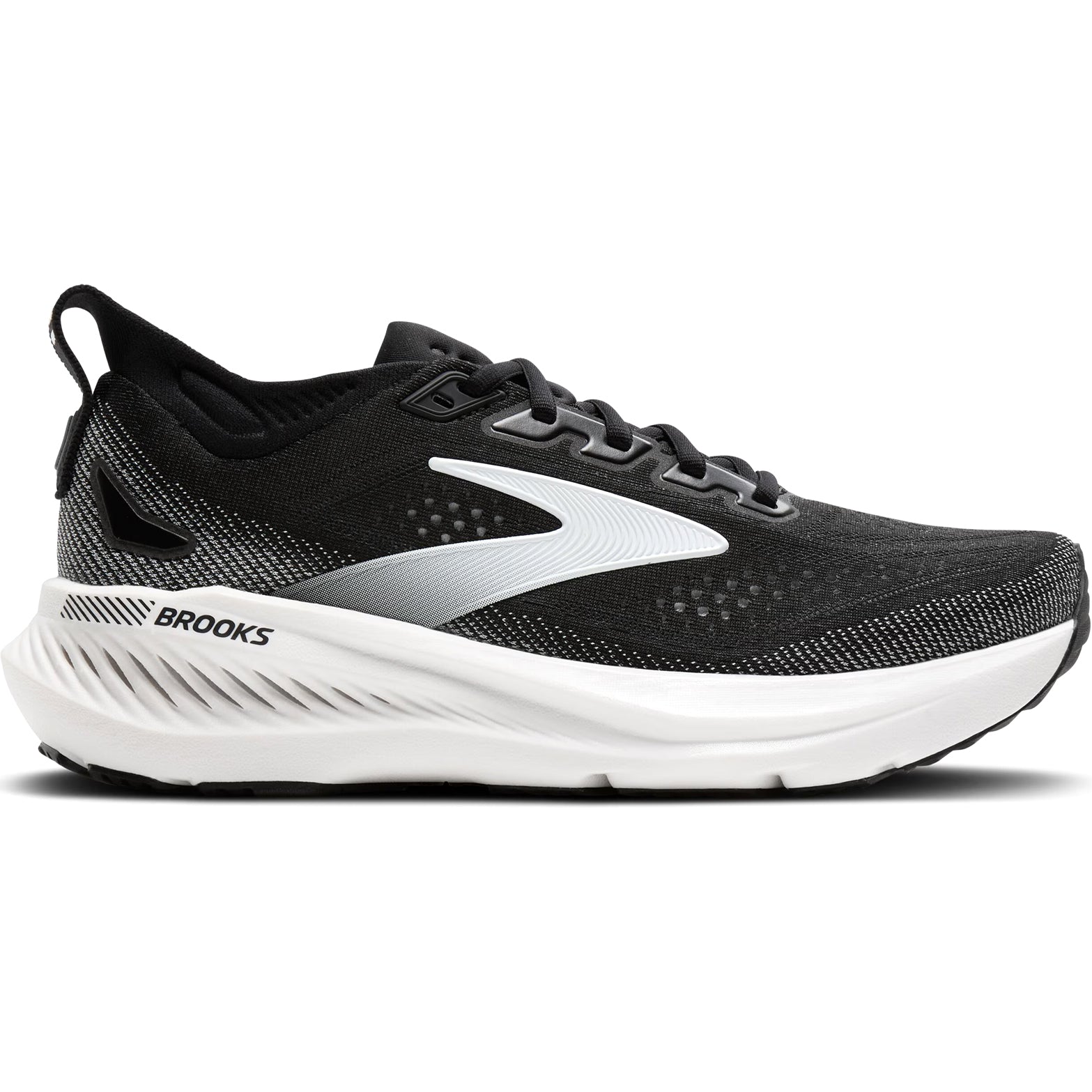 Brooks Glycerin GTS 23 men's running shoe in Black / Grey / White — outer view showing black triple jacquard warp knit upper with grey and white accent detailing and DNA TUNED foam midsole profile