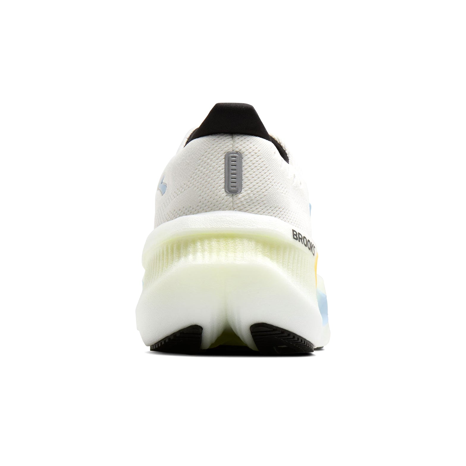 Brooks Glycerin Max 2 men's running shoe in Bright White / Black / Nightlife — heel view showing maximum cushioning construction, black heel detailing and nightlife nitrogen-infused DNA TUNED foam midsole contrast with large dual-cell heel cushioning