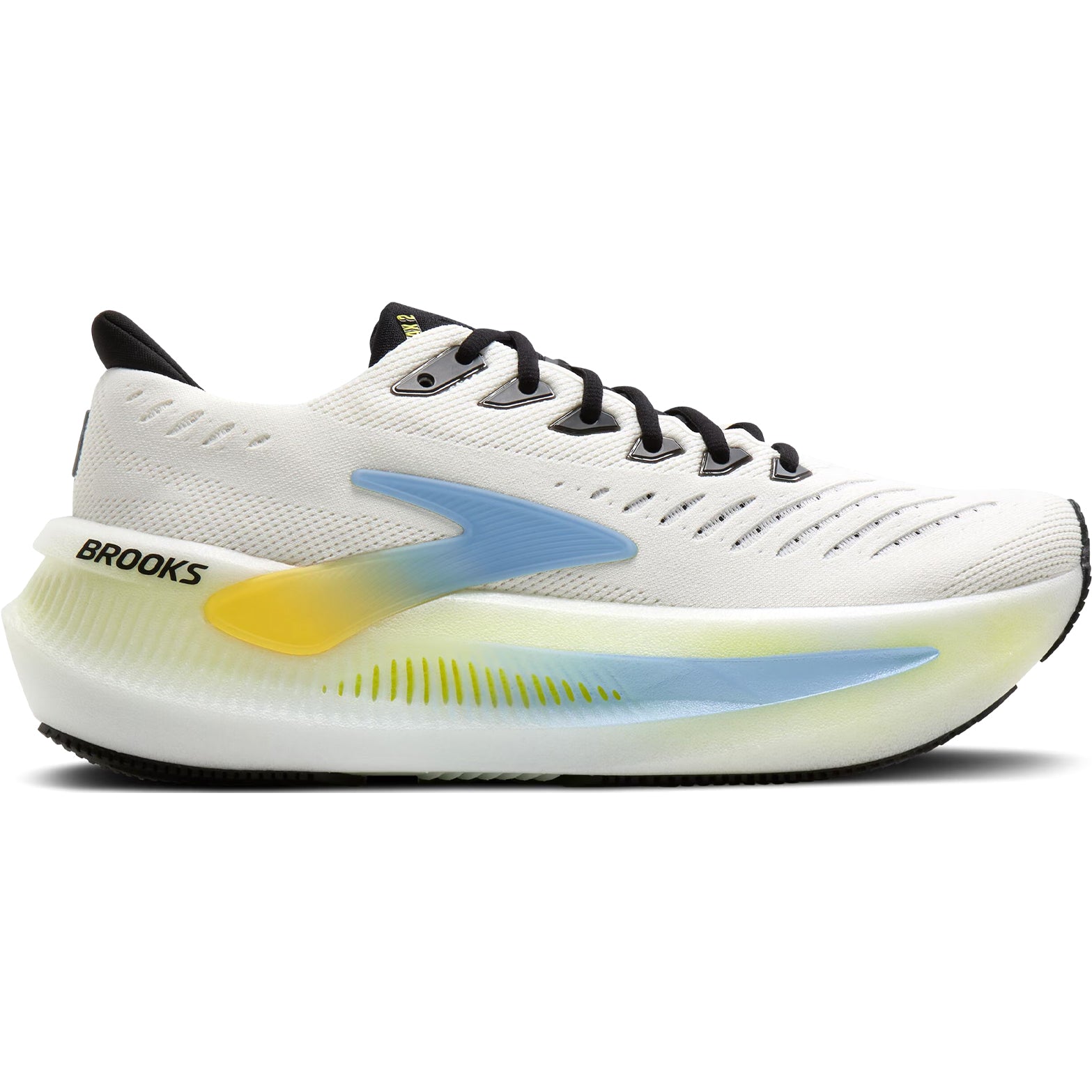 Brooks Glycerin Max 2 men's running shoe in Bright White / Black / Nightlife — outer view showing bright white engineered mesh upper with black and nightlife accent detailing and nitrogen-infused DNA TUNED foam midsole profile