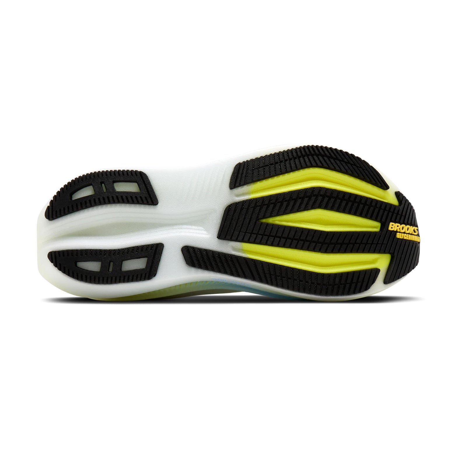 Brooks Glycerin Max 2 men's running shoe in Bright White / Black / Nightlife — outsole view showing GlideRoll™ Rocker sculpted geometry and nightlife nitrogen-infused DNA TUNED foam maximum stack height profile