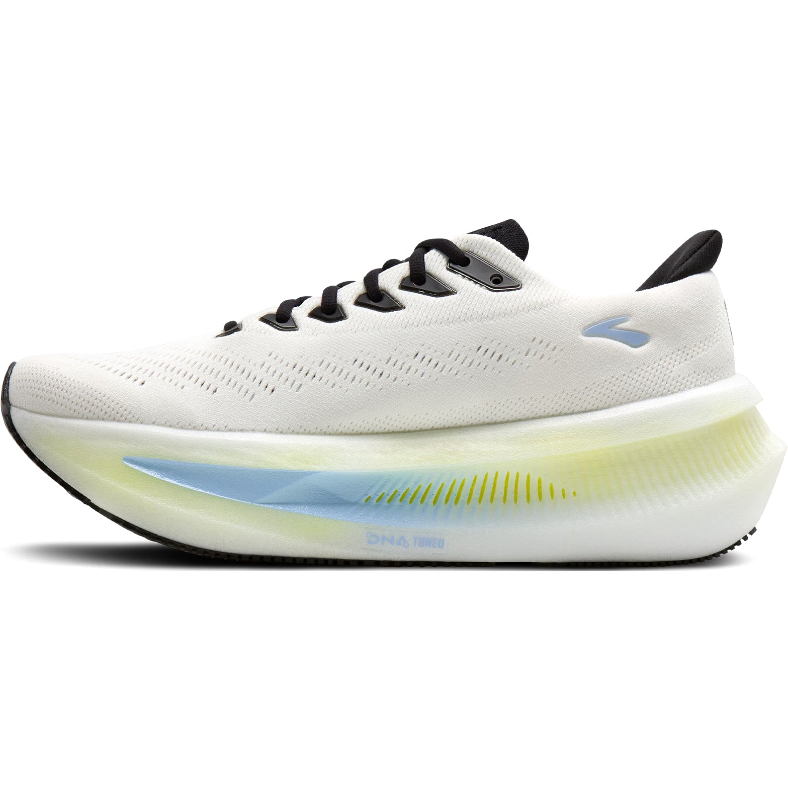 Brooks Glycerin Max 2 men's running shoe in Bright White / Black / Nightlife — inner view showing bright white engineered mesh upper, nightlife midsole detailing, GlideRoll™ Rocker geometry and nitrogen-infused DNA TUNED dual-cell foam construction