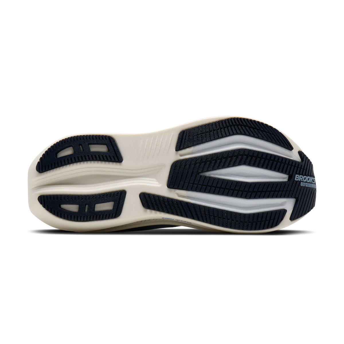 Brooks Glycerin Max 2 men's running shoe in Rain Washed / Navy Blazer / Clear — outsole view showing GlideRoll™ Rocker sculpted geometry and navy blazer nitrogen-infused DNA TUNED foam maximum stack height profile