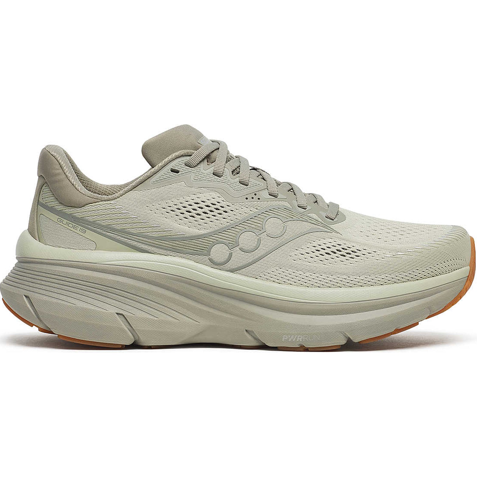 Men's Saucony Guide 19 Running Shoes Sage Gum outer side view showing softer PWRRUN cushioning midsole and CenterPath Technology sidewalls