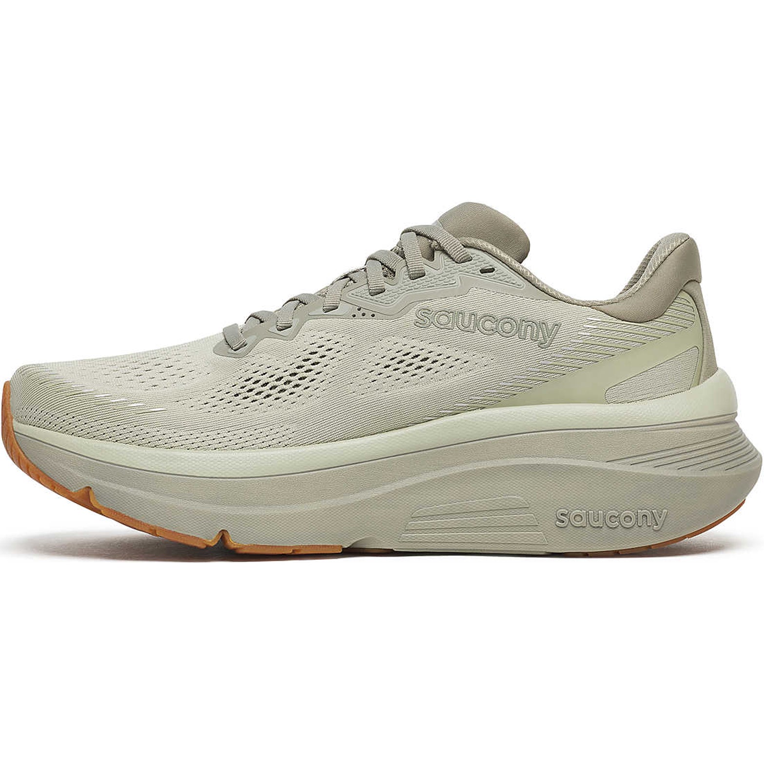 Men's Saucony Guide 19 Running Shoes Sage Gum inner side view showing PWRRUN foam cushioning and CenterPath balanced support geometry