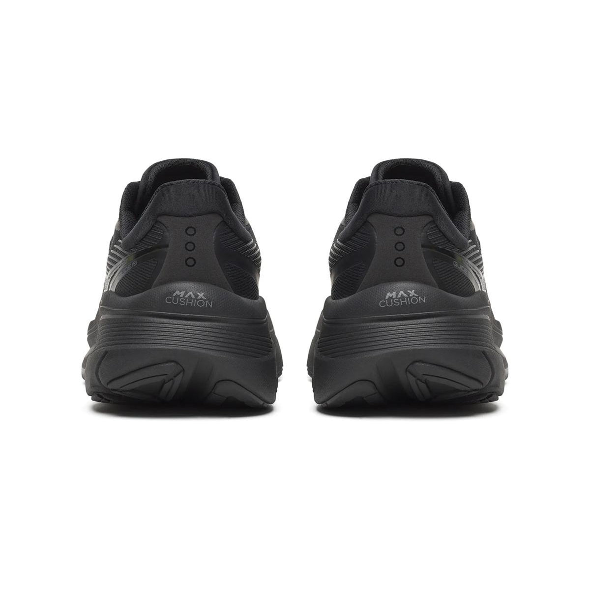Men's Saucony Guide 19 Running Shoes Triple Black heel view showing cushioned stability construction for supportive everyday running