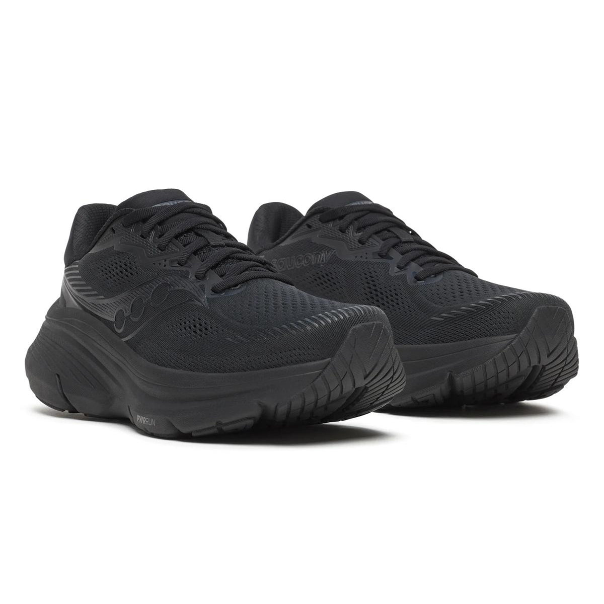 Men's Saucony Guide 19 Running Shoes Triple Black angled side view of pair showing stability support with cushioned construction for everyday running and overpronation guidanc