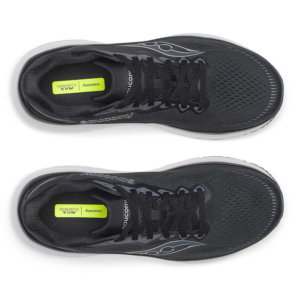 Men's Saucony Guide 19 Wide Fit Running Shoes Black Silver top view showing flexible mesh upper with adaptive fit construction and wide fit toe box