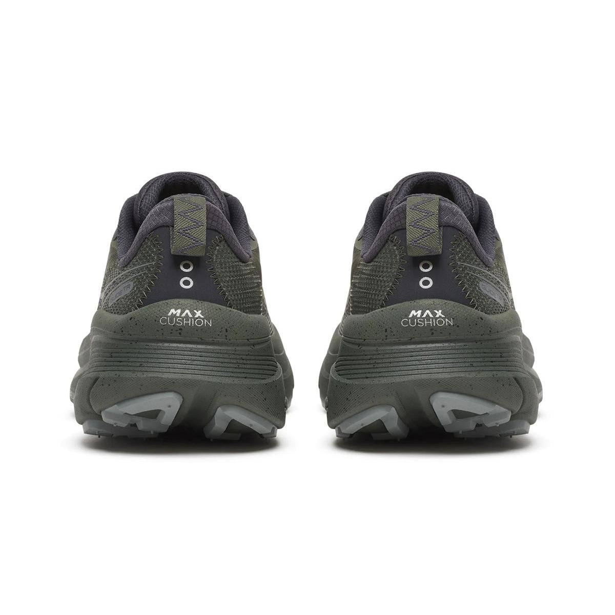 Rear view of two dark olive green Men’s Guide TR GORE-TEX Fatigue trail running shoes with thick, speckled midsoles and MAX CUSHION printed on the heels.
