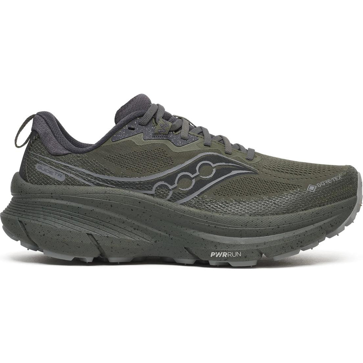 Olive green Saucony Men’s Guide TR GORE-TEX Fatigue trail running shoes featuring a thick speckled midsole and a lugged outsole for max cushion stability.