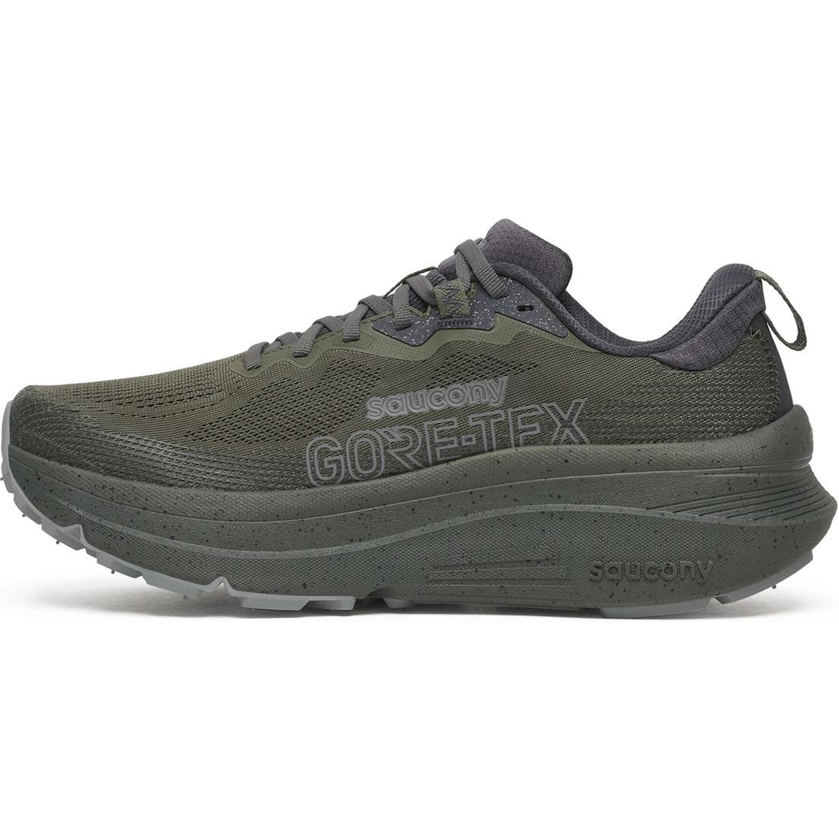 Olive green Saucony Men’s Guide TR GORE-TEX Fatigue trail running shoes with a thick, speckled midsole for max cushion stability.