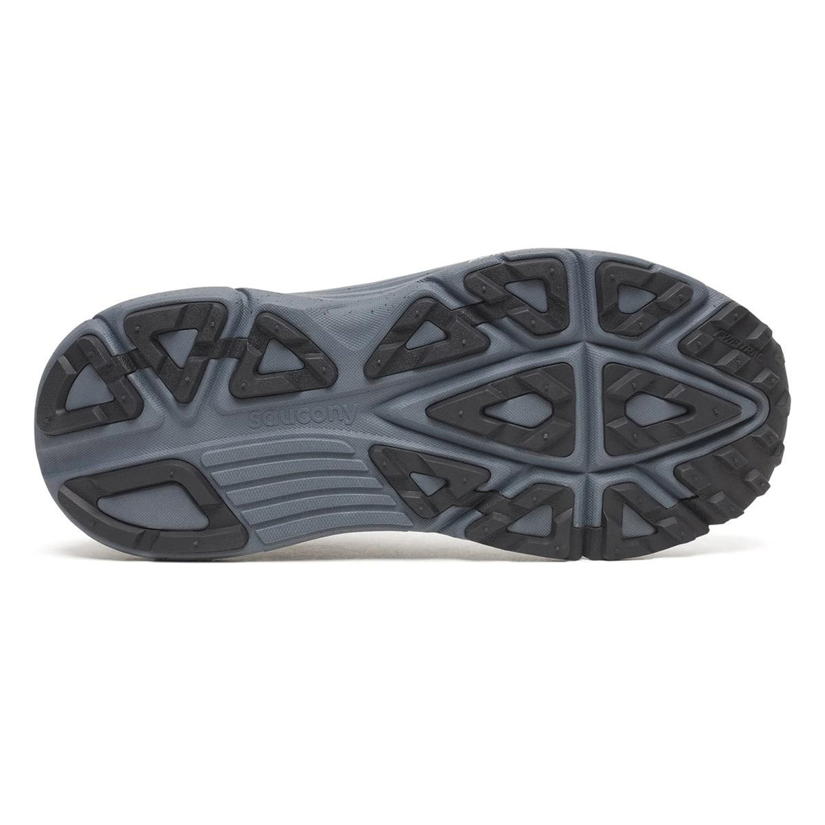 The image shows the treaded sole of the Men’s Guide TR GTX Black / Gunmetal by Saucony, featuring grey and black triangular grip patterns with Saucony embossed at the center, emphasizing its GORE-TEX waterproof design.