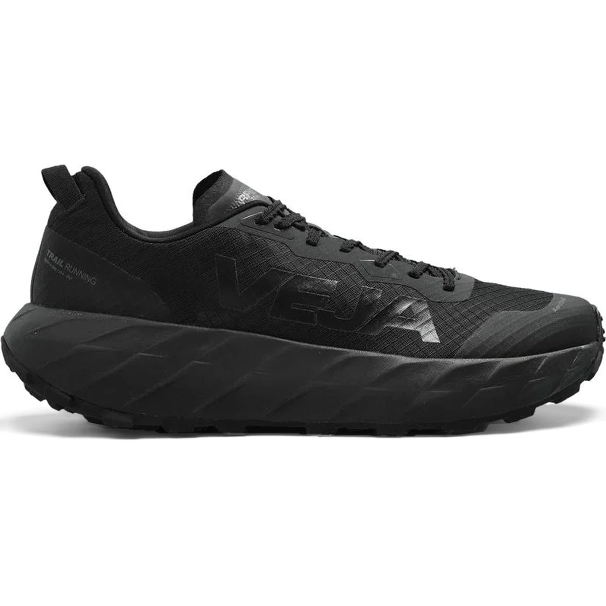 Men’s Harpie Trail Running Shoes Black by Veja, featuring a thick, textured midsole and a lugged outsole.