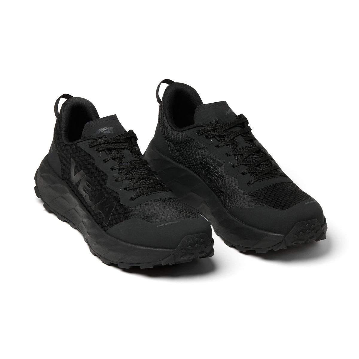 Men’s Harpie Trail Running Shoes Black with lugged soles and textured mesh uppers.