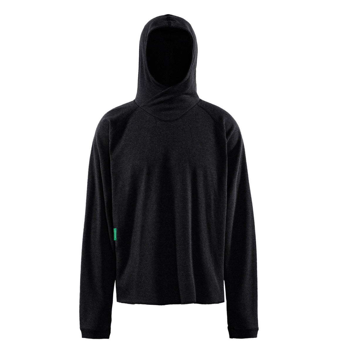 District Vision Men’s Hooded Waffle Top Black long-sleeve waffle top with a fold-over hood and a small green tab on the side.