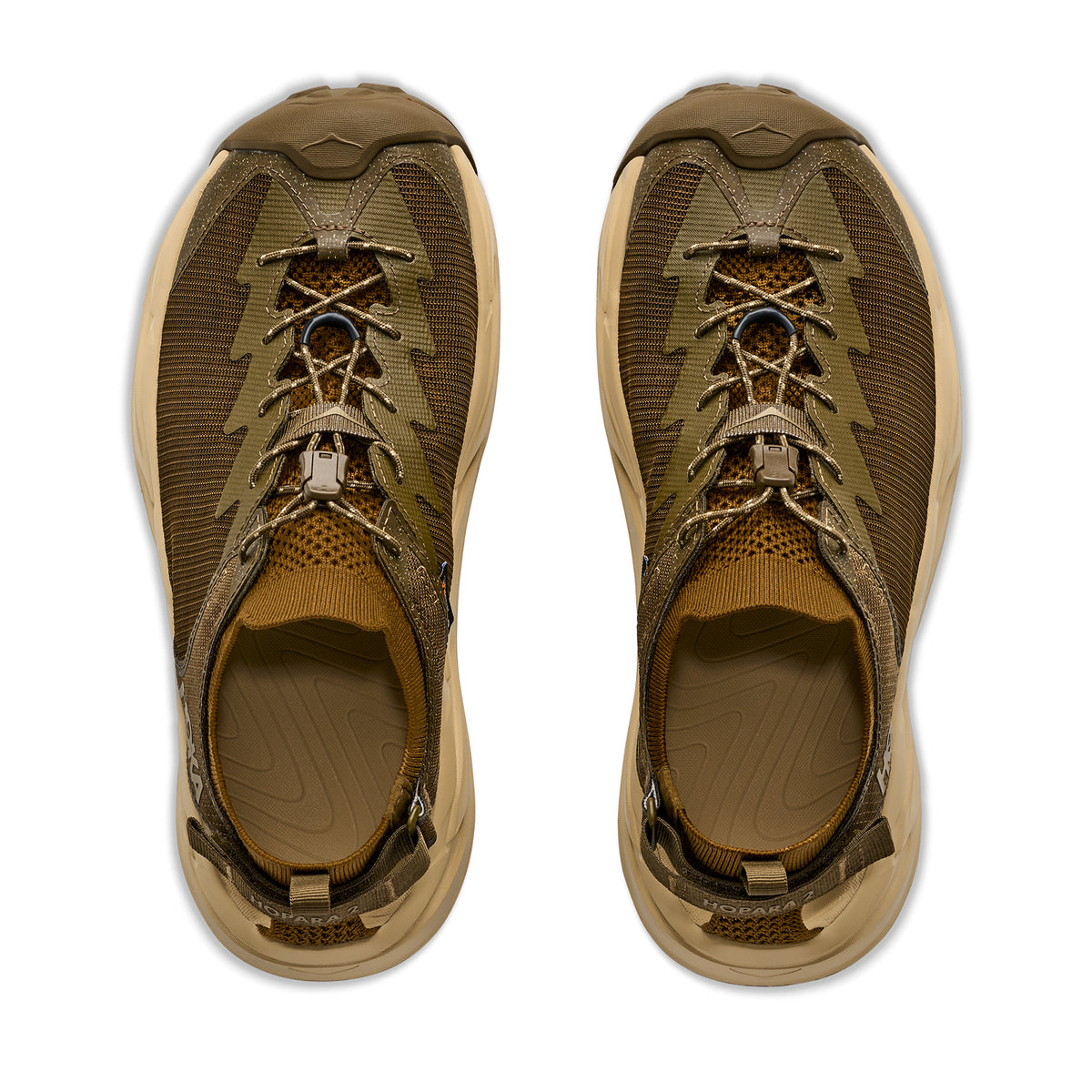 Men's HOKA Hopara 2 Sandal Sepia Barley top view showing 100% recycled knit upper with water repellency treatment and recycled Cordura mesh overlays for drainage and debris protection