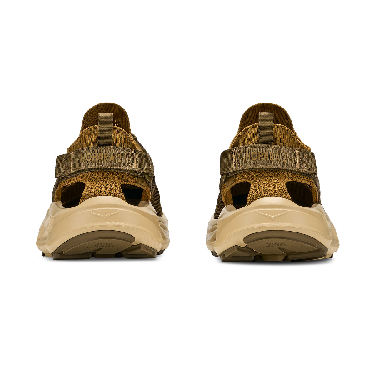 Men's HOKA Hopara 2 Sandal Sepia Barley heel view showing adjustable heel strap with sugarcane EVA midsole and ripstop overlay for secure amphibious trail performance