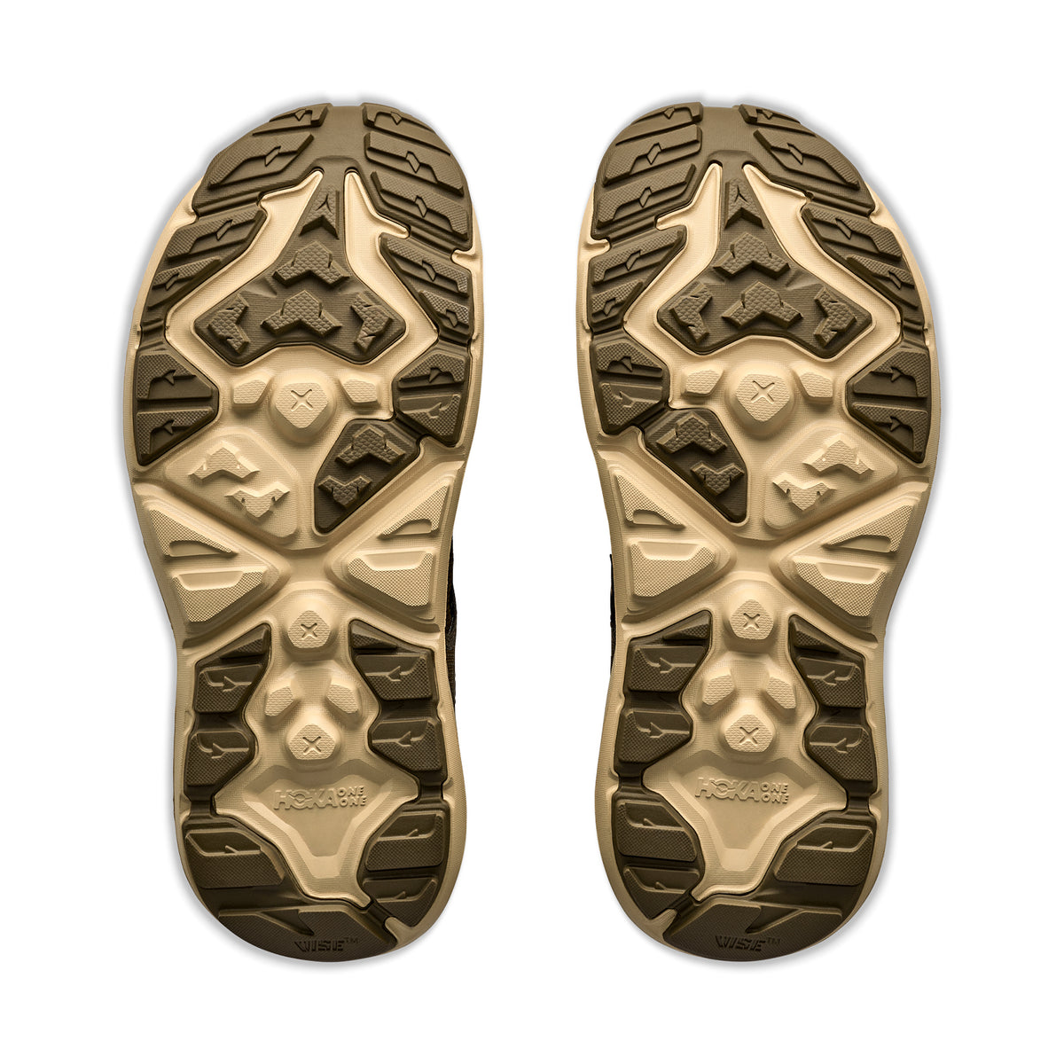 Men's HOKA Hopara 2 Sandal Sepia Barley sole view displaying sticky rubber outsole for reliable grip on wet rocks, muddy trails and dry singletrack