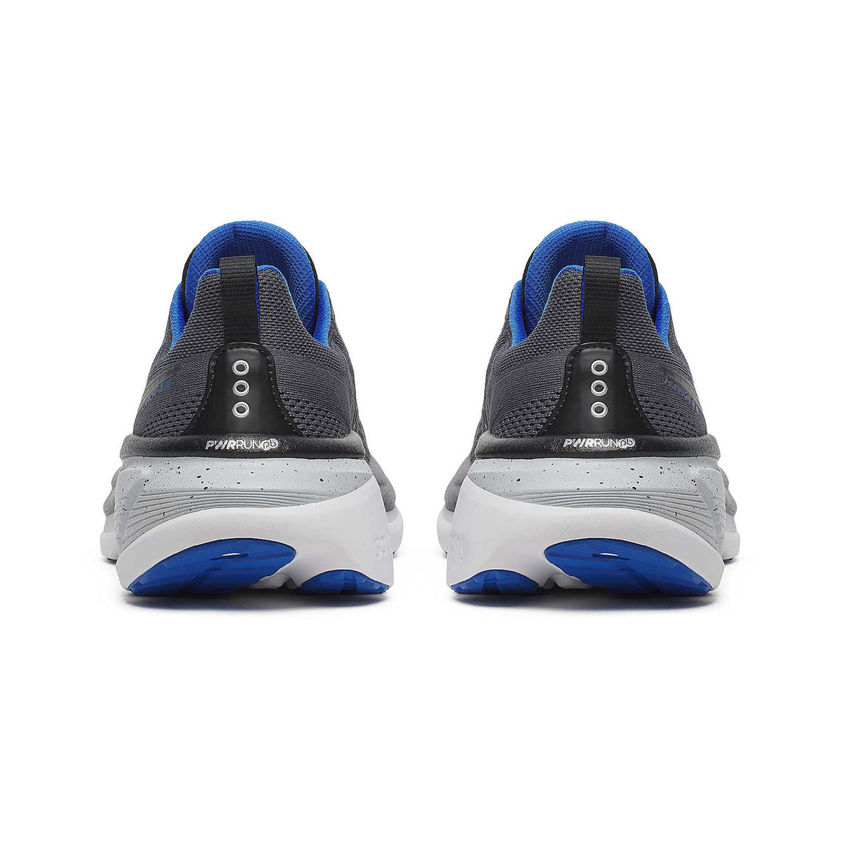 Men's Saucony Hurricane 25 Running Shoes Shadow Black pair heel view showing heel pull tabs, padded collar and midsole stack height