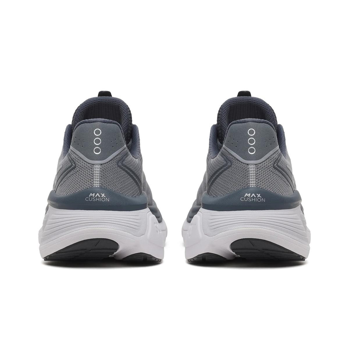 Rear view of two cinder and gunmetal athletic shoes with “MAX CUSHION” visible on the heels and three circular dots on the back of each shoe, exemplifying features found in cushioned running shoes like the Saucony Men’s Hurricane 26—perfect as a daily trainer.