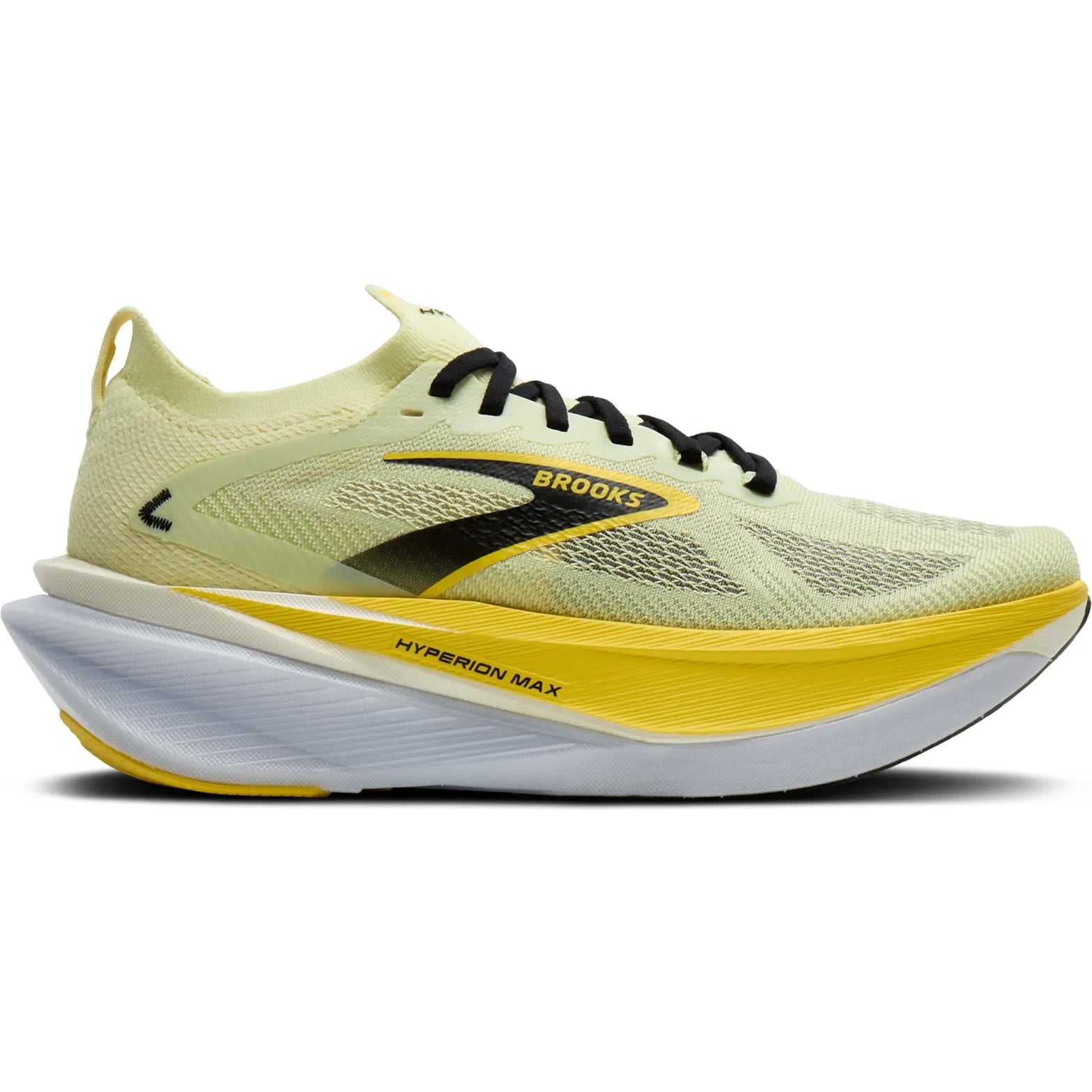 Brooks Men's Hyperion Max 3 Running Shoes Luminary Cyber Yellow Black outer side view showing high-stack DNA FLASH v2 cushioning