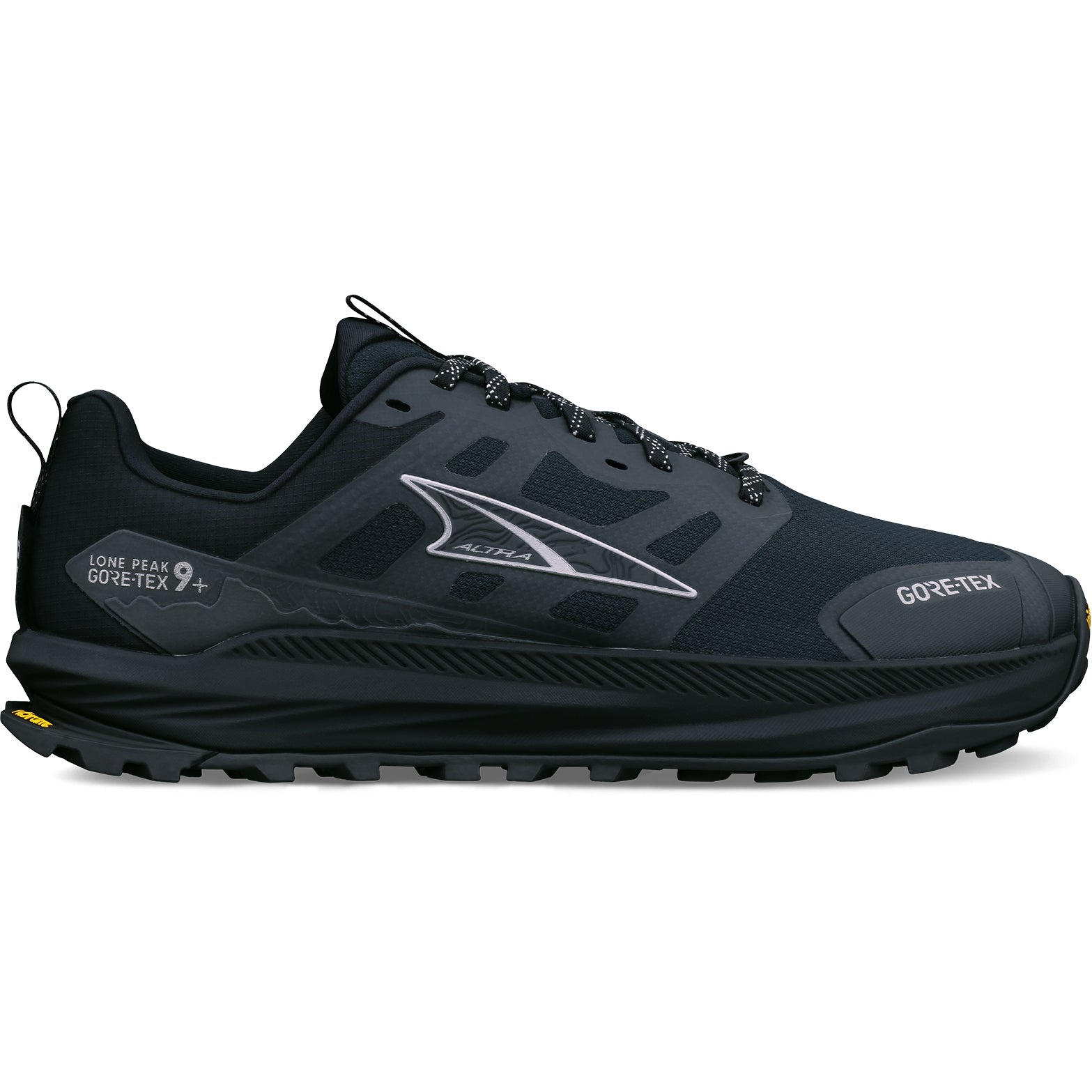 Altra Lone Peak 9 Plus GORE-TEX men's trail running shoes in Black Black outer side view showing Vibram Megagrip outsole and waterproof ripstop mesh upper