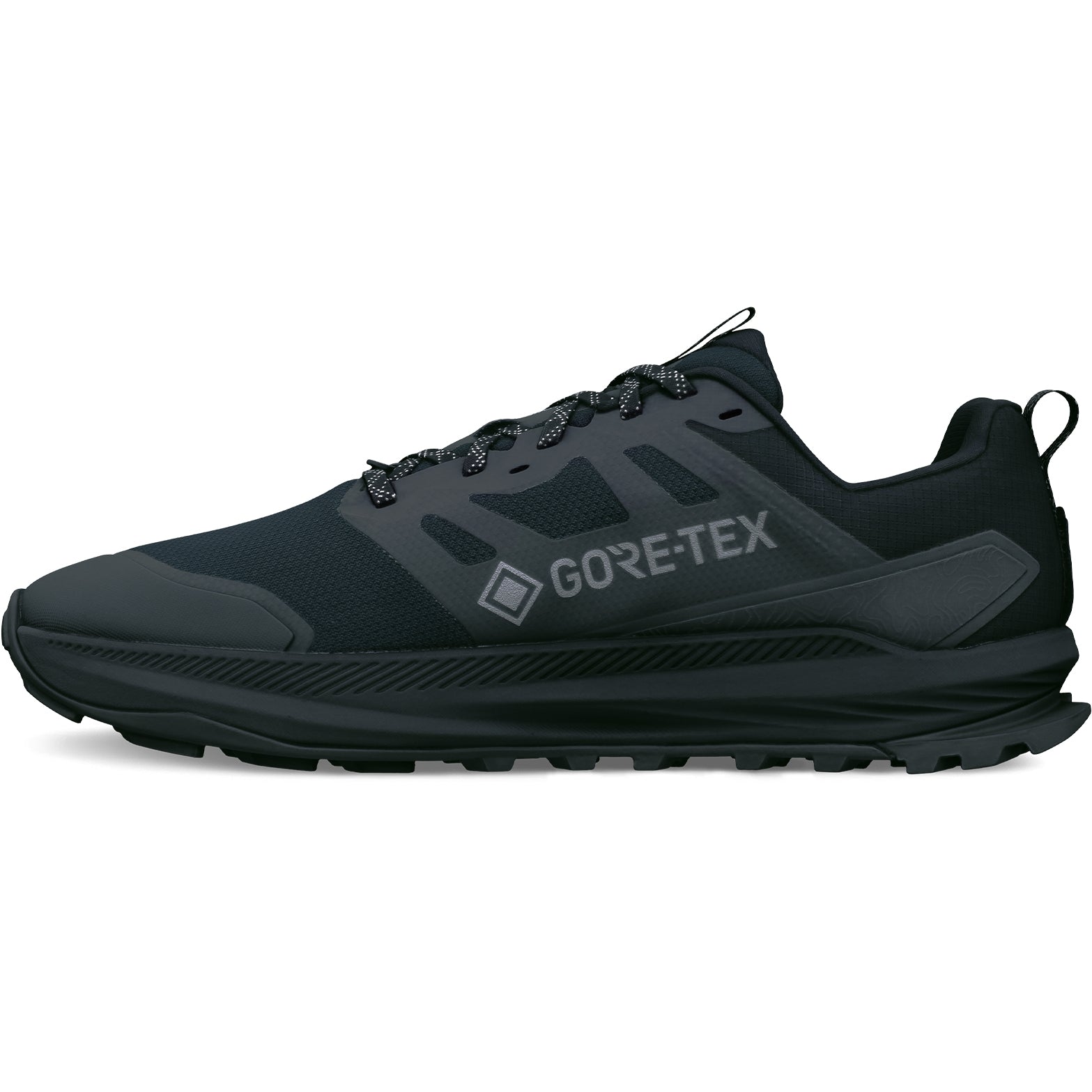 Altra Lone Peak 9 Plus GORE-TEX Black Black inner side view featuring zero drop platform and Altra EGO midsole foam with 25mm stack height