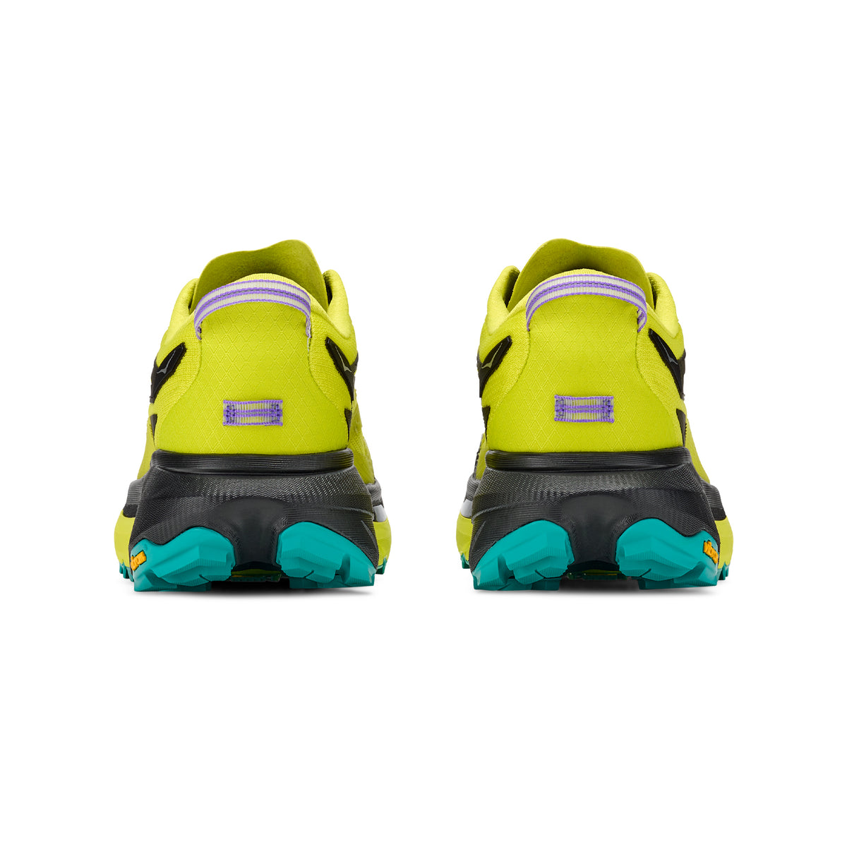 Shown from the back, the Hoka Men’s Mafate 5 Trail Running Shoes in Black / Hoka Citrus feature a bright yellow upper with black midsoles and teal outsoles. These technical trail runners are designed with purple accents near the heel tab and orange detailing on the sole, while Vibram Megagrip traction ensures outstanding grip on rugged terrain.