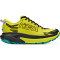 A vibrant Black / Hoka Citrus Men’s Mafate 5 Trail Running Shoe by Hoka, crafted for technical trail running, features a thick sole with green accents and Vibram Megagrip for exceptional traction, black laces, and the Hoka logo on the side.