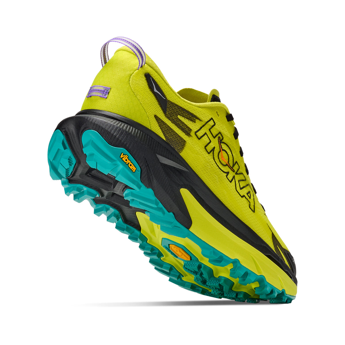 A bright yellow Hoka running shoe with black and teal accents, shown from a low angle highlighting its rugged, turquoise-treaded sole and Hoka branding on the side.