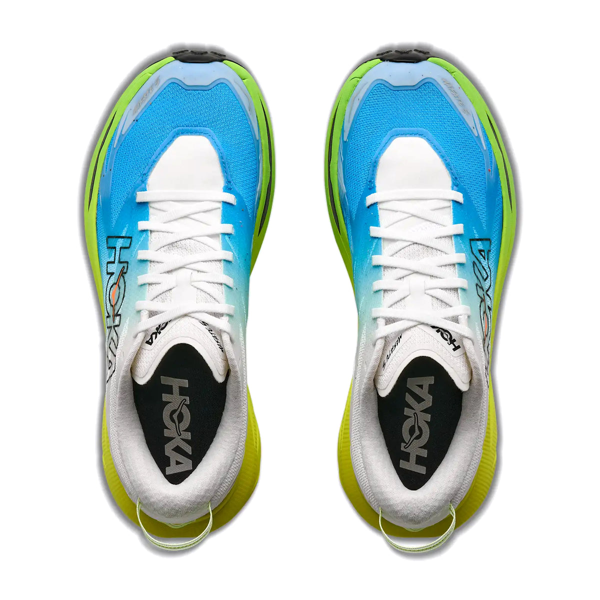 Men's HOKA Mafate 5 Trail Running Shoes Frost Hoka Citrus top view showing warp knit upper with anti-fray treatment, TPU cage and gaiter attachment points for technical trail debris protection