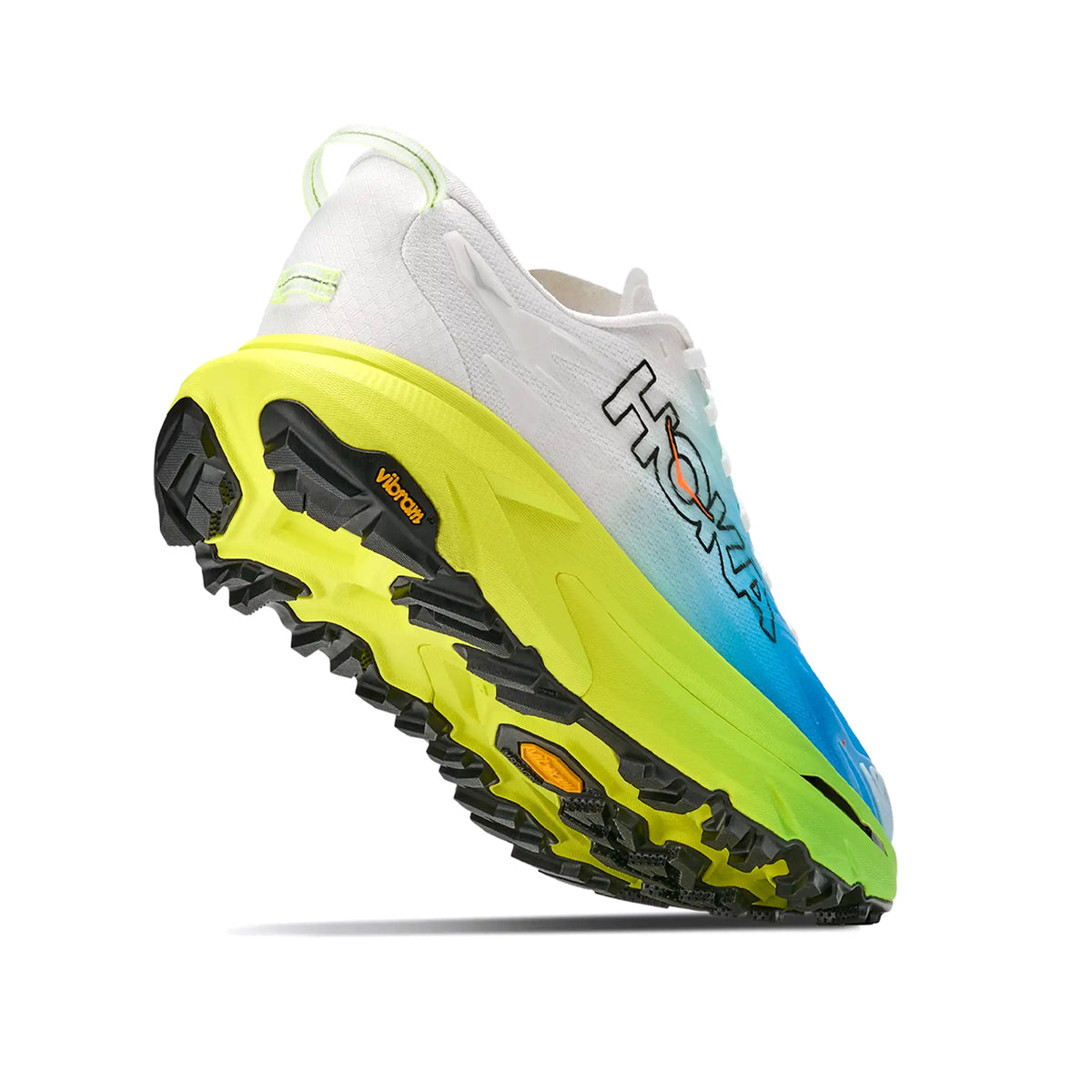 Men's HOKA Mafate 5 Trail Running Shoes Frost Hoka Citrus angled side and heel view showing dual-density midsole with Rocker Integrity Technology, Vibram Megagrip 5mm lugs and TPU cage for maximum cushioned technical trail protection