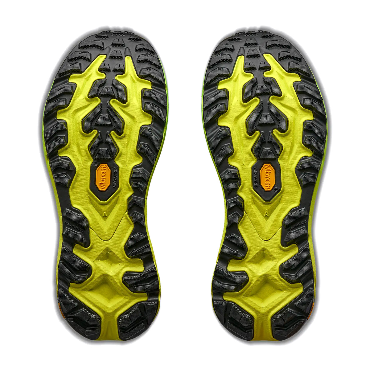 Men's HOKA Mafate 5 Trail Running Shoes Frost Hoka Citrus sole view displaying Vibram Megagrip outsole with aggressive 5mm Traction Lug technology for confident grip on mud, rocks and steep technical terrain