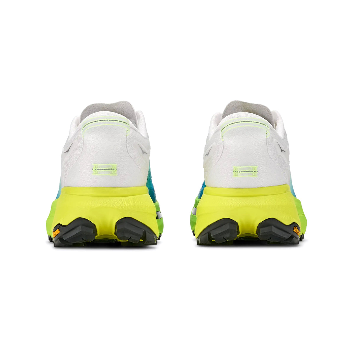 Men's HOKA Mafate 5 Trail Running Shoes Frost Hoka Citrus heel view showing dual-density midsole with Rocker Integrity Technology and impact-absorbing foam for steady balanced technical trail performance