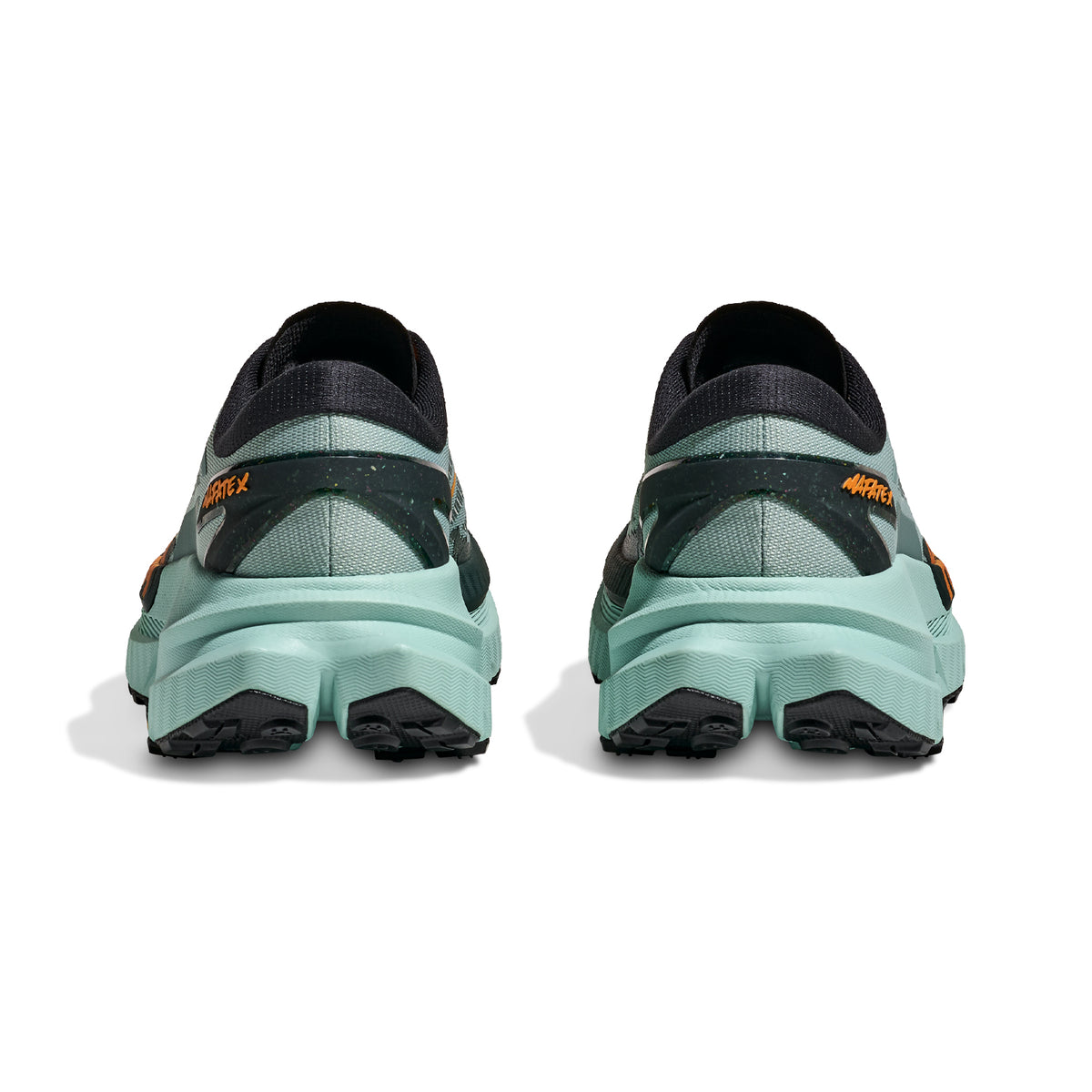 HOKA Mafate X men's trail running shoe in Sage / Rosemary — heel view showing moulded TPU heel counter, Active Foot Frame™ construction, reflective detailing and rosemary midsole contrast