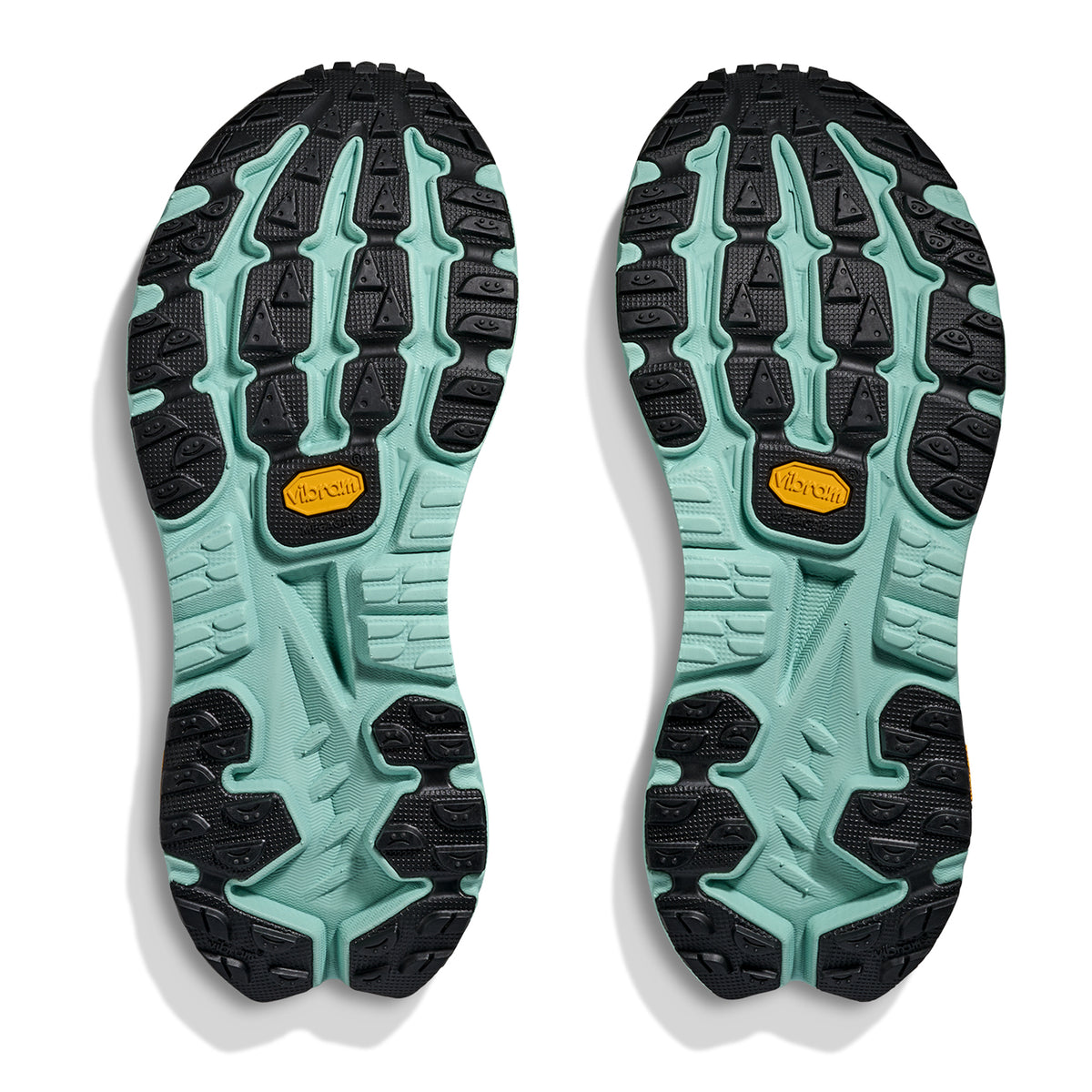 HOKA Mafate X men's trail running shoe in Sage / Rosemary — outsole view showing Vibram® Megagrip rubber tread pattern with pod-shaped cutouts and rosemary dual-density foam midsole stack
