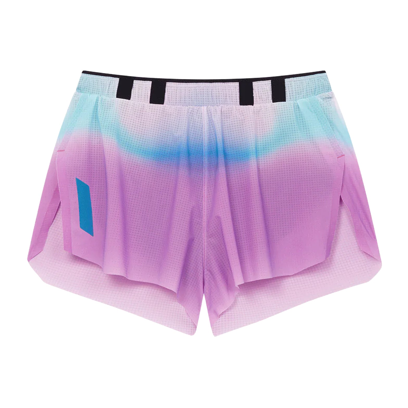 Men's Soar Marathon Shorts Blue Magenta front view showing stretch mesh construction, front waistband gel loops and laser-cut hem detail