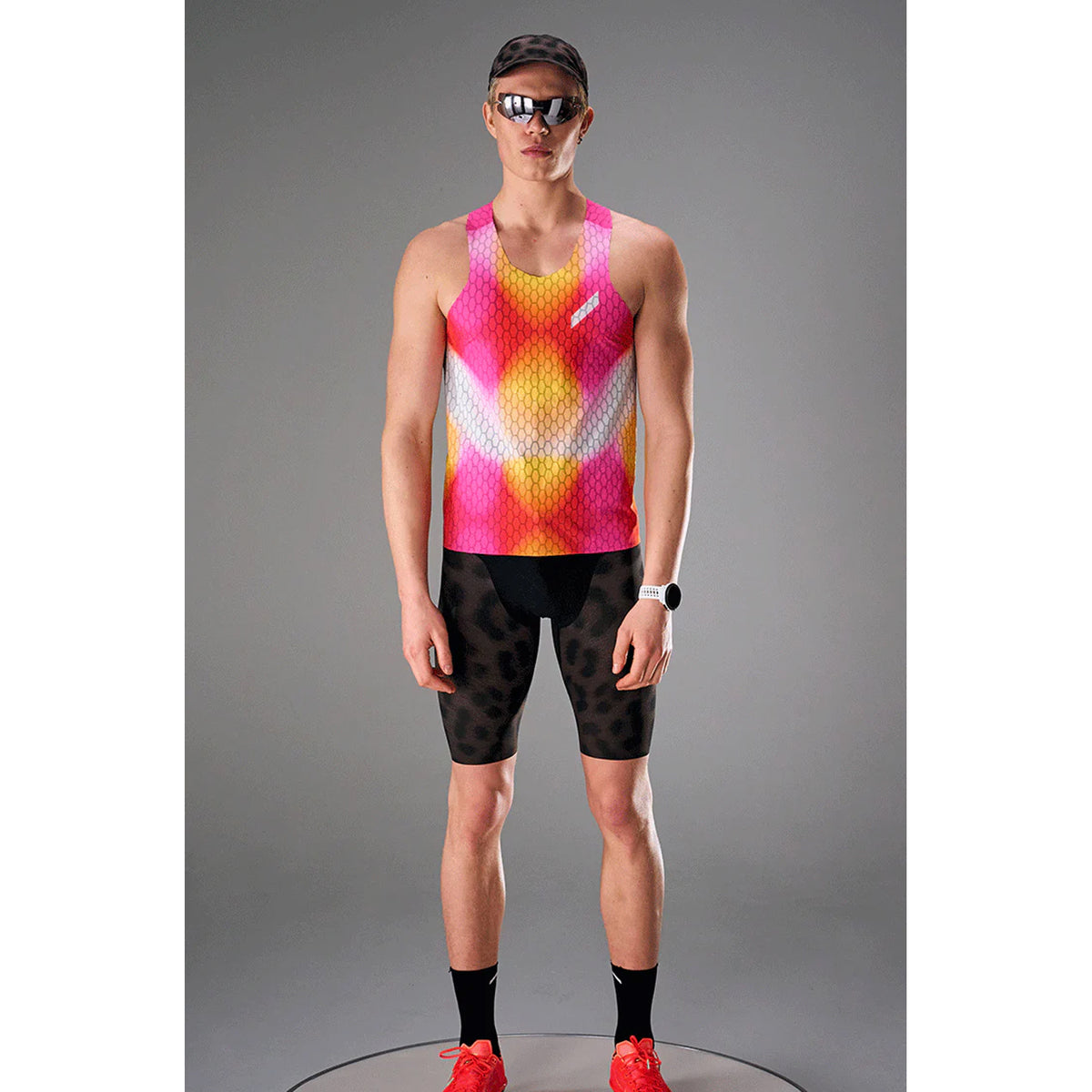 Soar Marathon Speed Shorts men's — front view worn on model showing skin-tight French-woven fit, frontal waistband gel loops and laser-cut hem detail