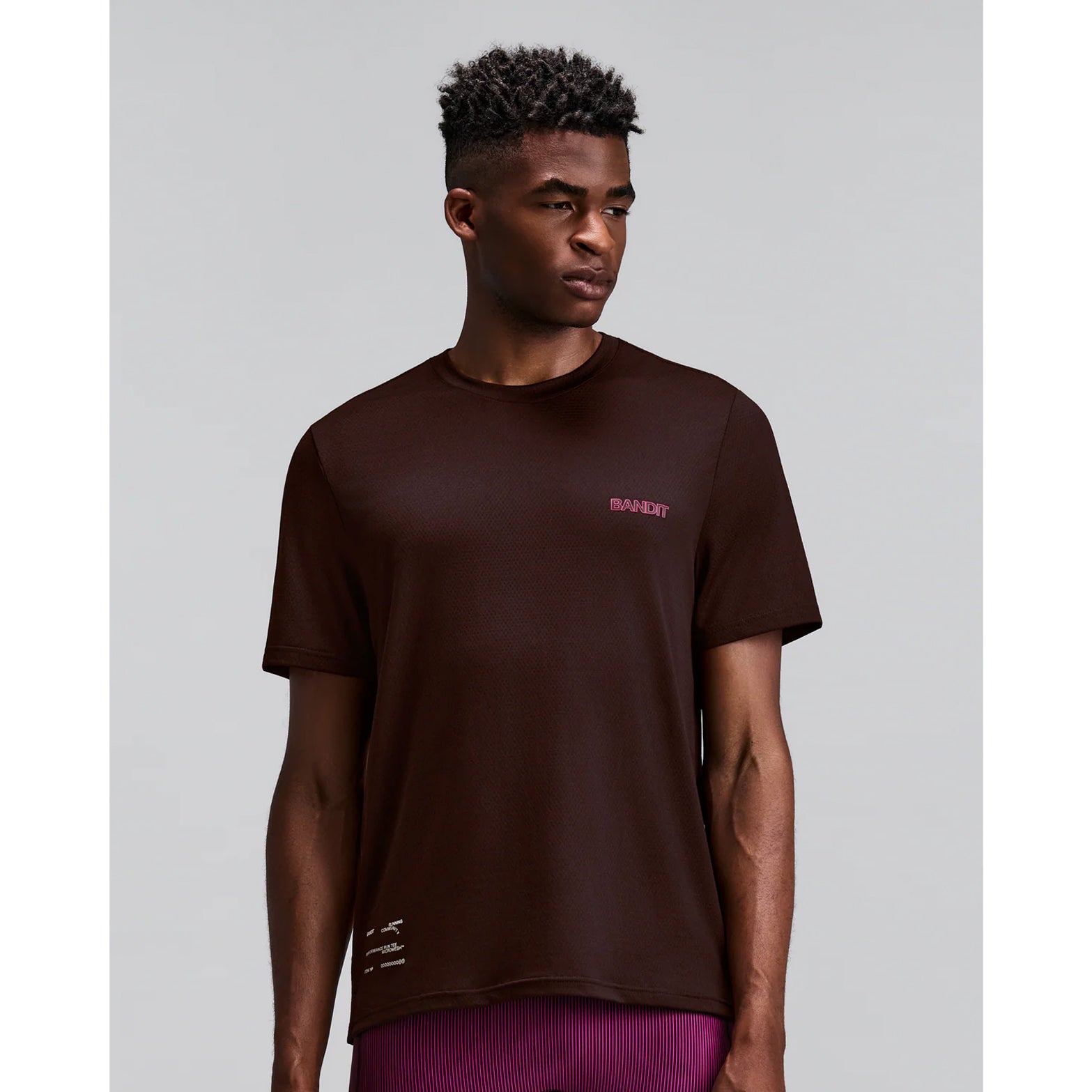 Men's Bandit Micromesh Run Tee Espresso front view on male runner showing comfortable fit with crew neckline and breathable Micromesh construction for running and training