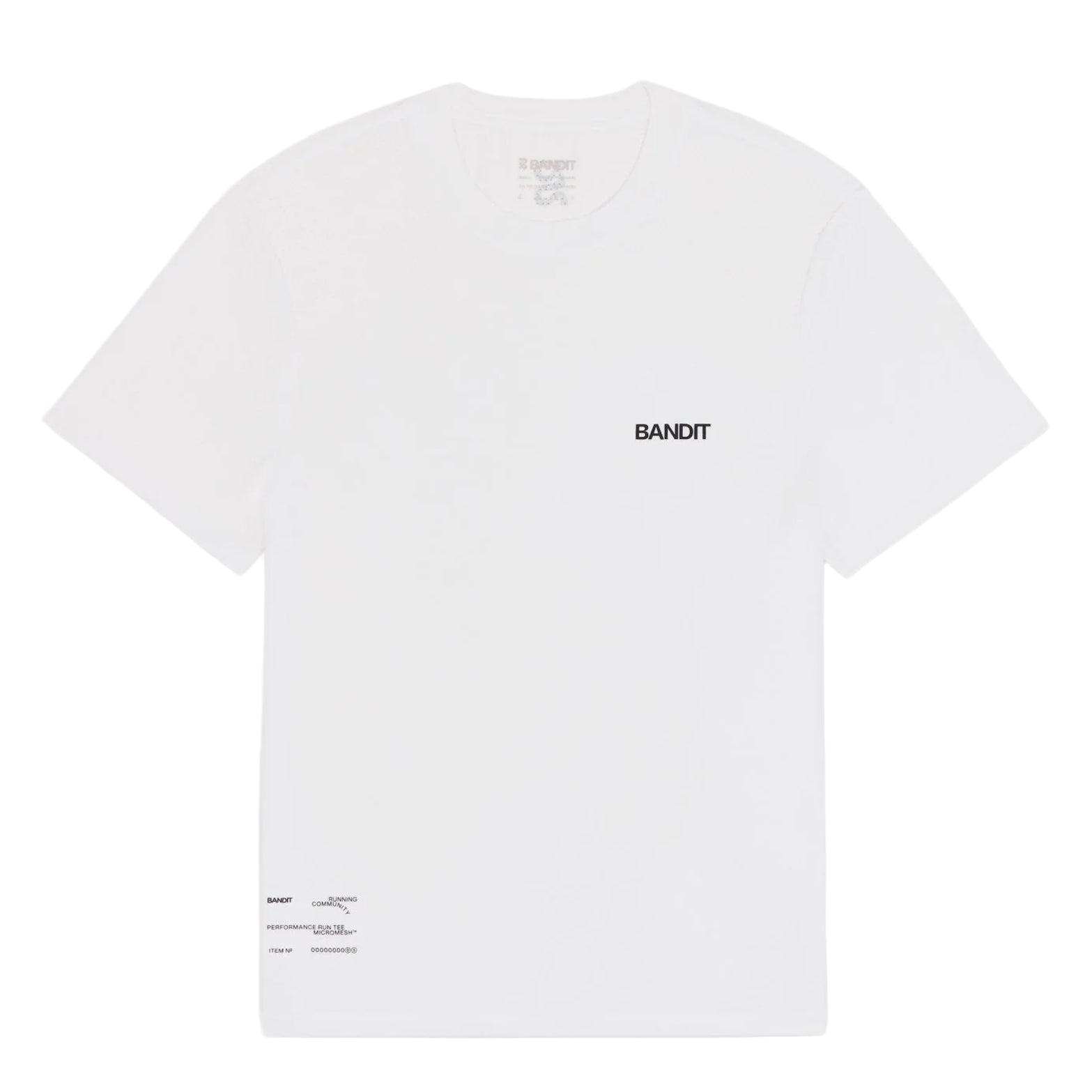 Bandit Micromesh Run Tee men's in White — front product shot showing relaxed fit silhouette, Micromesh™ breathable fabric construction and dyed-to-match reflective graphic at centre front