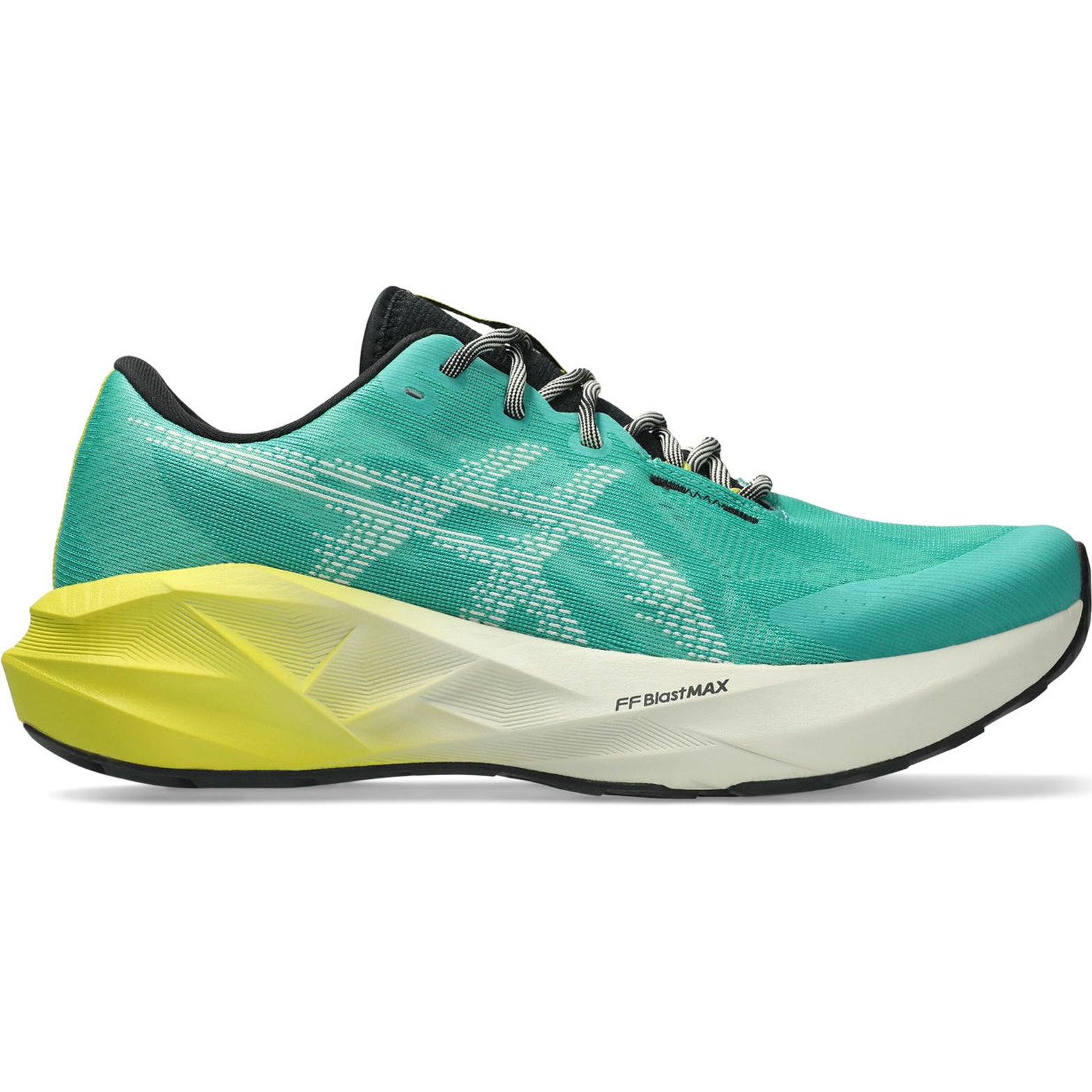 Men's ASICS Novablast 5 TR Running Shoes Aurora Green Light Dust outer side view showing FF BLAST MAX midsole and trampoline-inspired geometry
