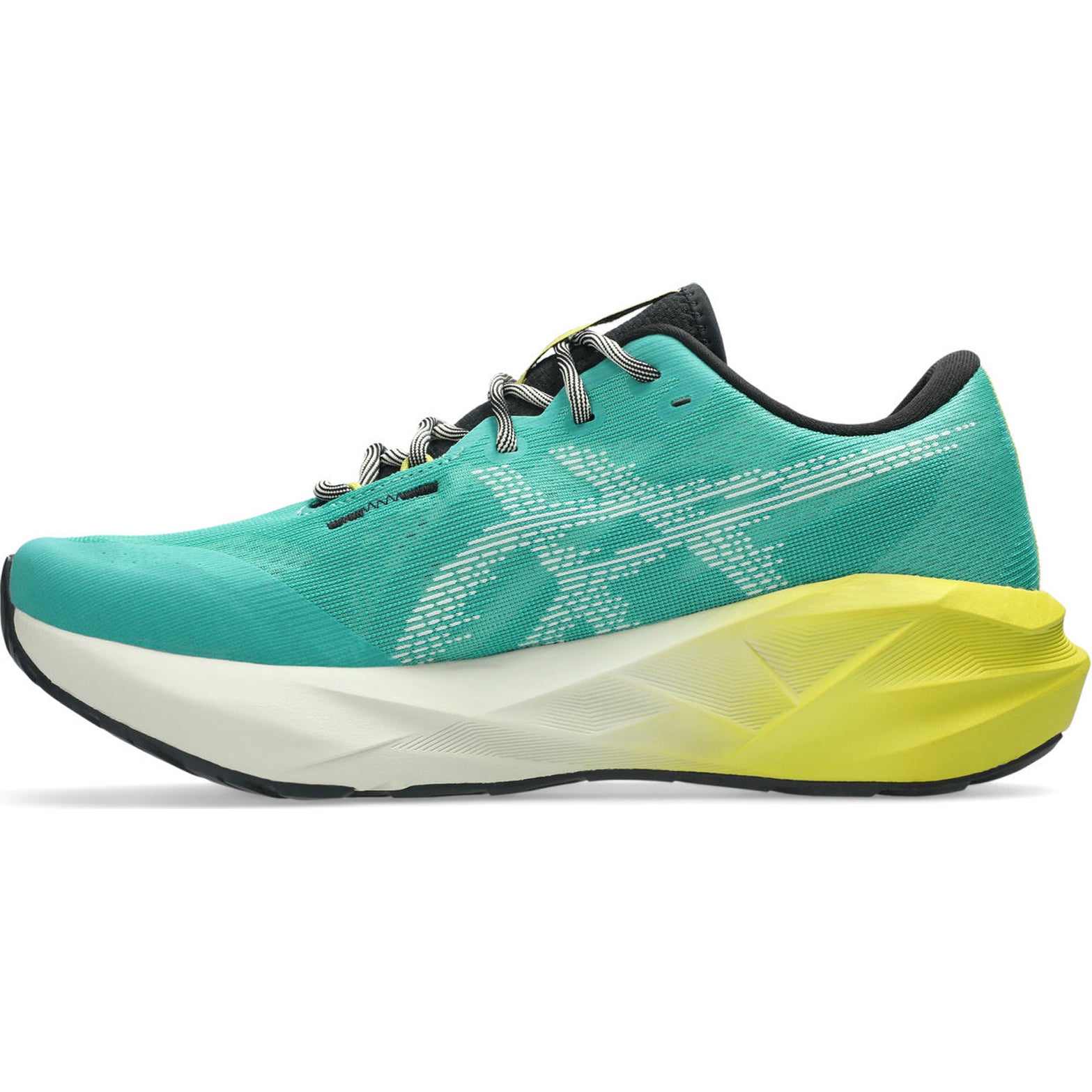 Men's ASICS Novablast 5 TR Running Shoes Aurora Green Light Dust inner side view showing FF BLAST MAX cushioning and tongue wing construction
