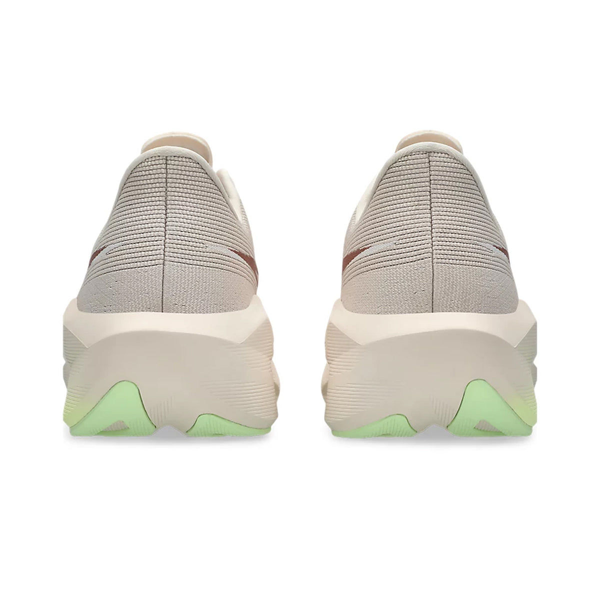 Rear view of a pair of Men’s Novablast 6 Running Shoes in Rose Dust / Illuminate Yellow, featuring textured fabric uppers in beige tones and thick, off-white soles with light green accents on the heel and outsole, designed to deliver enhanced energy return.