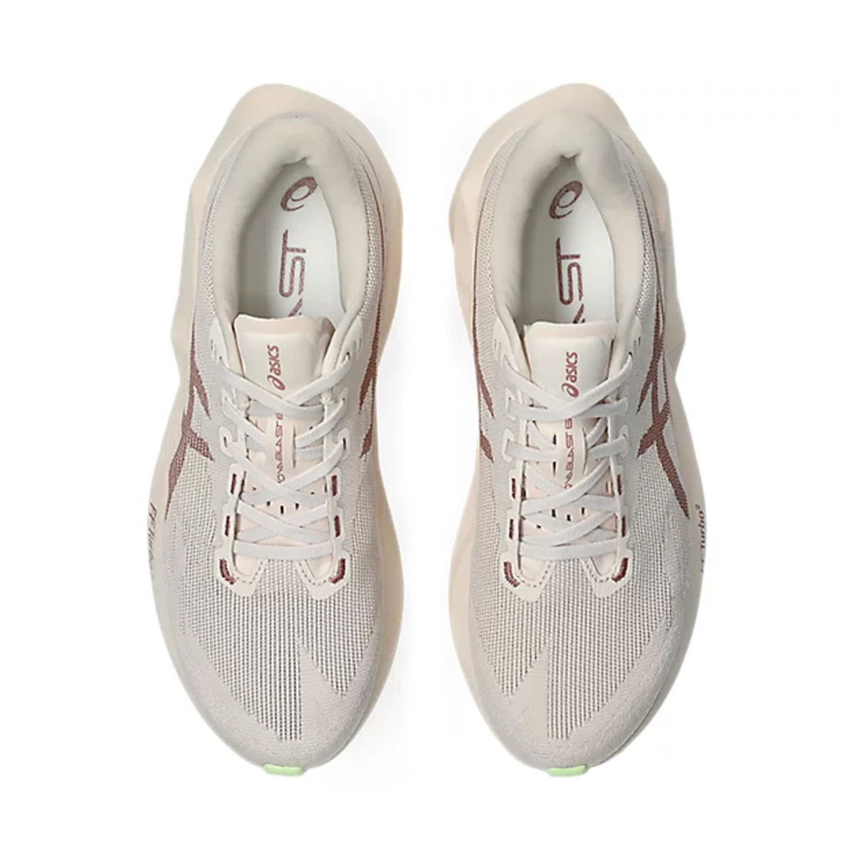 A pair of Men’s Novablast 6 Running Shoes in Rose Dust / Illuminate Yellow by ASICS, viewed from above, featuring visible laces and prominent logo details on the tongue and side. Engineered for optimal energy return, these shoes blend style with high-performance running technology.