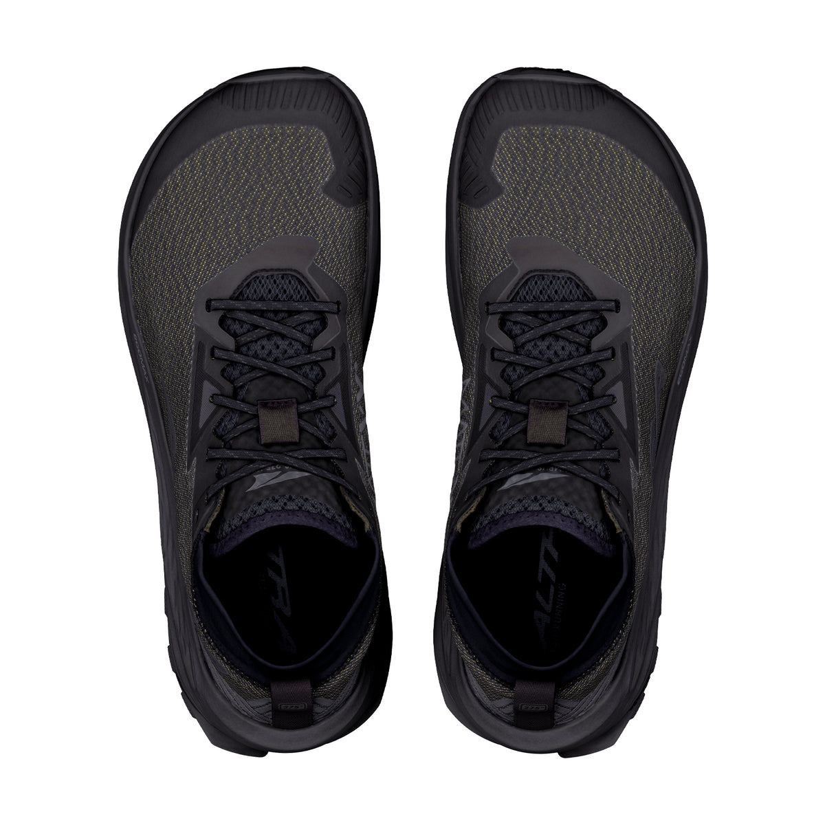 Men's Altra Olympus 275 HiLo Trail Running Shoes Black Black Black top view showing MATRYX one-piece woven upper with built-in scree sleeve and roomiest toe box for technical trail protection