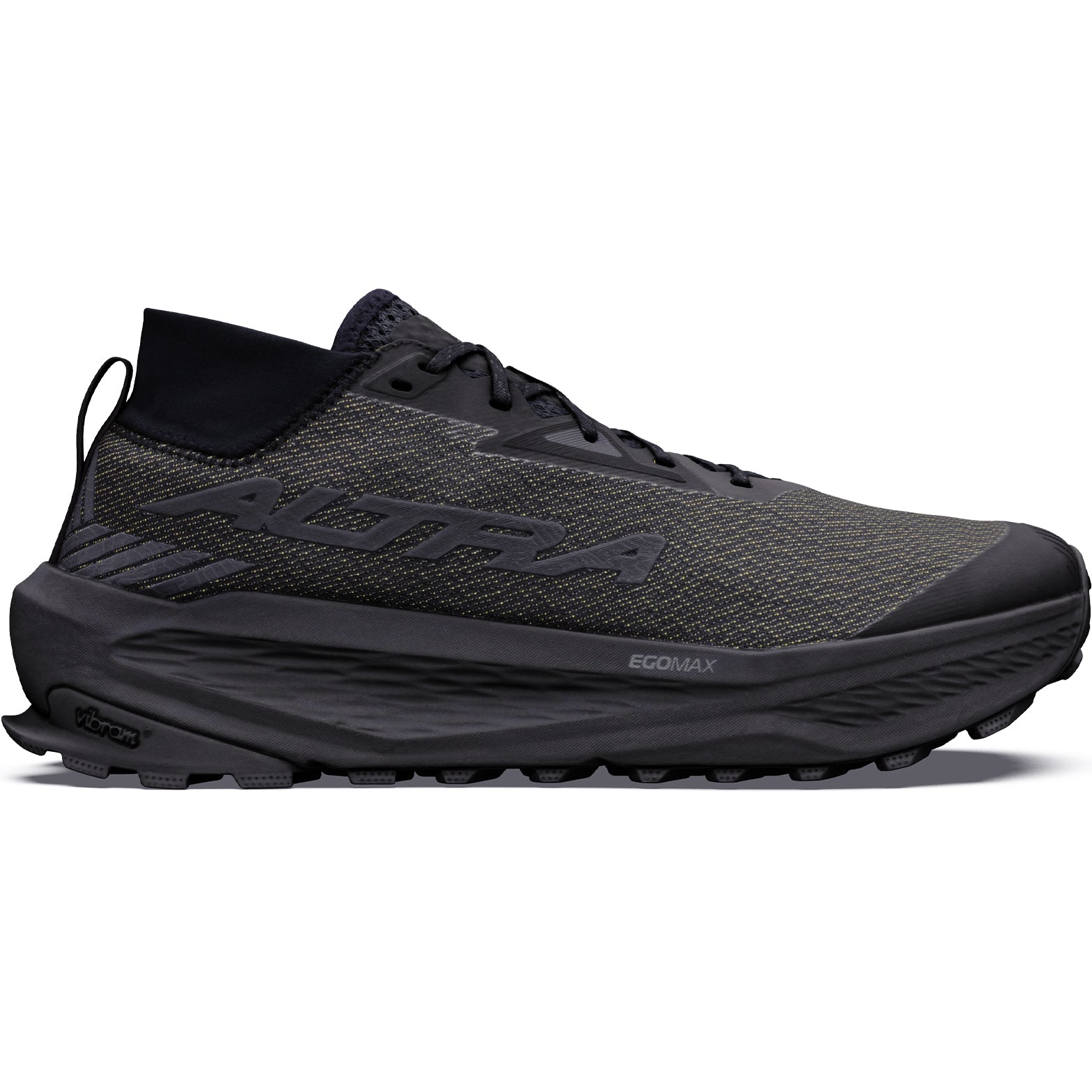 Men's Altra Olympus 275 HiLo Trail Running Shoes Black Black Black outer side view showing updated Altra EGO MAX midsole foam with Vibram Megagrip TractionLug outsole for confident technical trail running