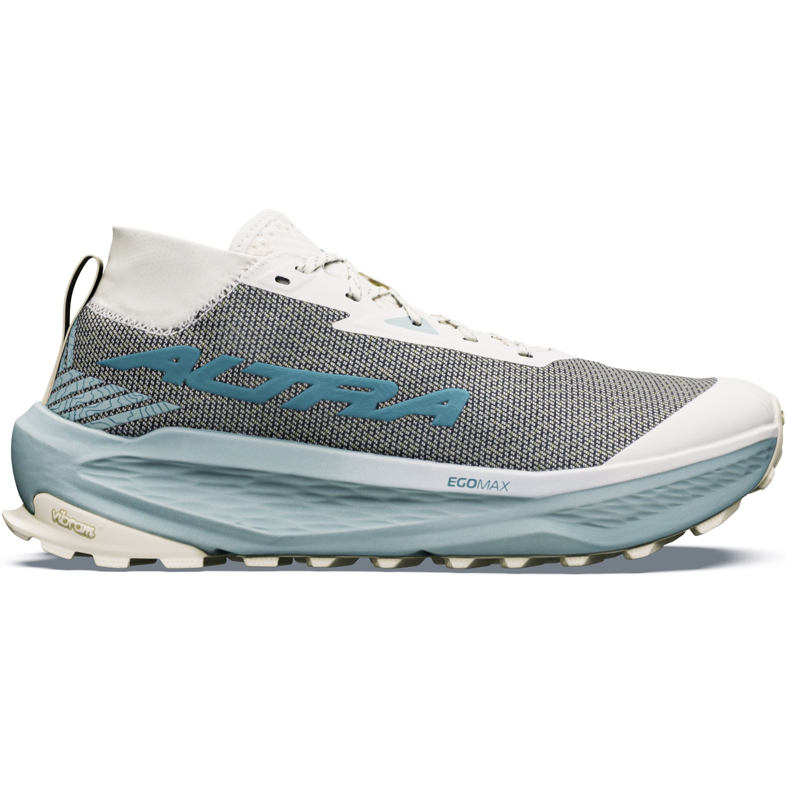 Men's Altra Olympus 275 HiLo Trail Running Shoes Ultimate Gray Sea Pine Green Milieu outer side view showing updated Altra EGO MAX midsole foam with Vibram Megagrip TractionLug outsole for confident technical trail running