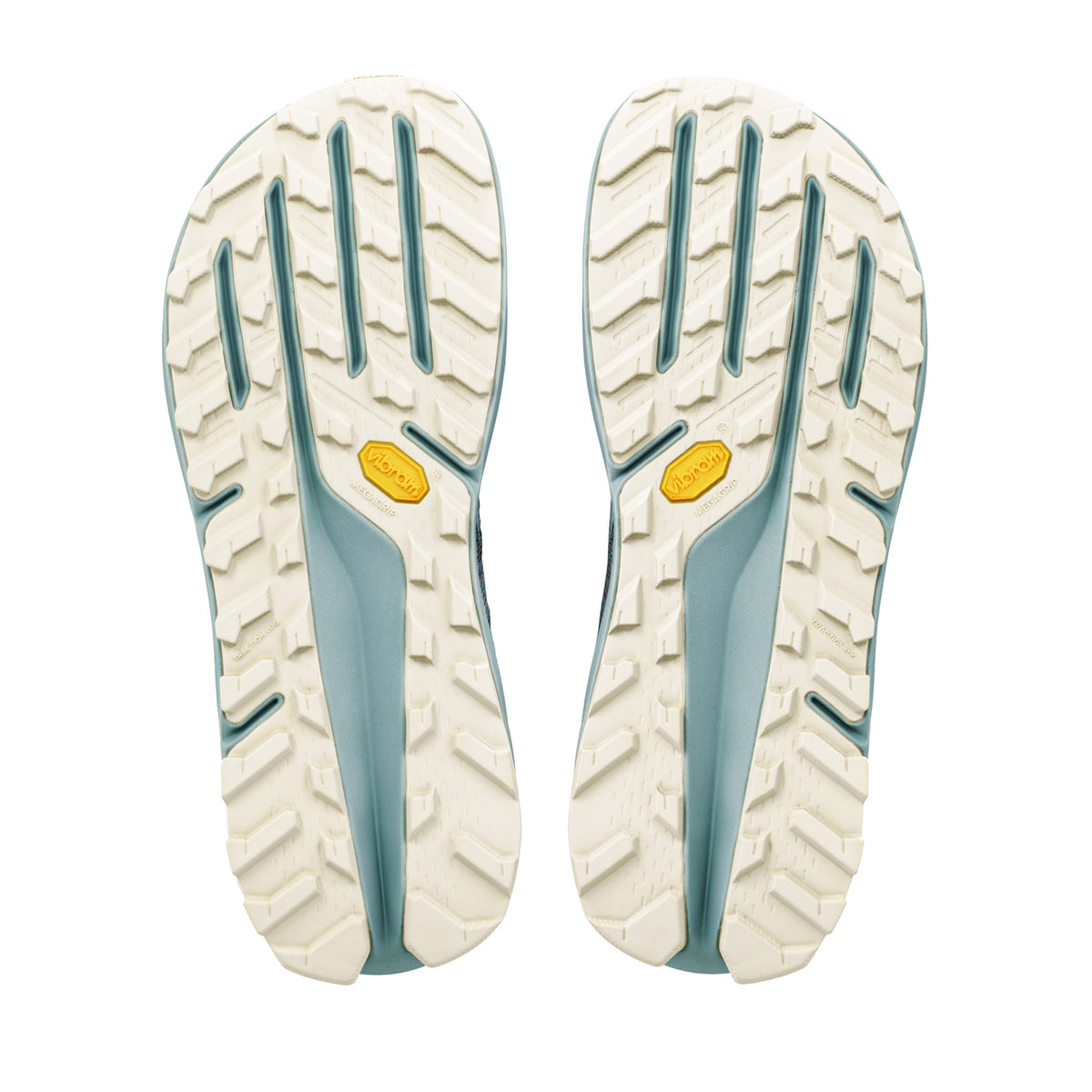 Men's Altra Olympus 275 HiLo Trail Running Shoes Ultimate Gray Sea Pine Green Milieu sole view displaying Vibram Megagrip outsole with TractionLug for fierce adaptive grip on wet and dry technical terrain