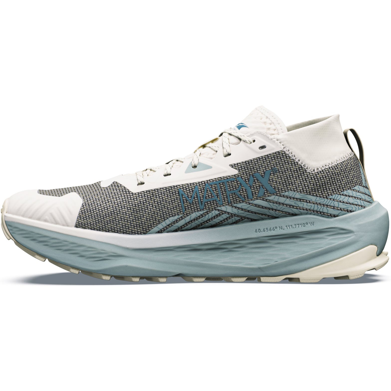 Men's Altra Olympus 275 HiLo Trail Running Shoes Ultimate Gray Sea Pine Green Milieu inner side view showing 15% lighter 10% softer EGO MAX foam with zero drop platform and roomiest Altra toe box for natural trail running