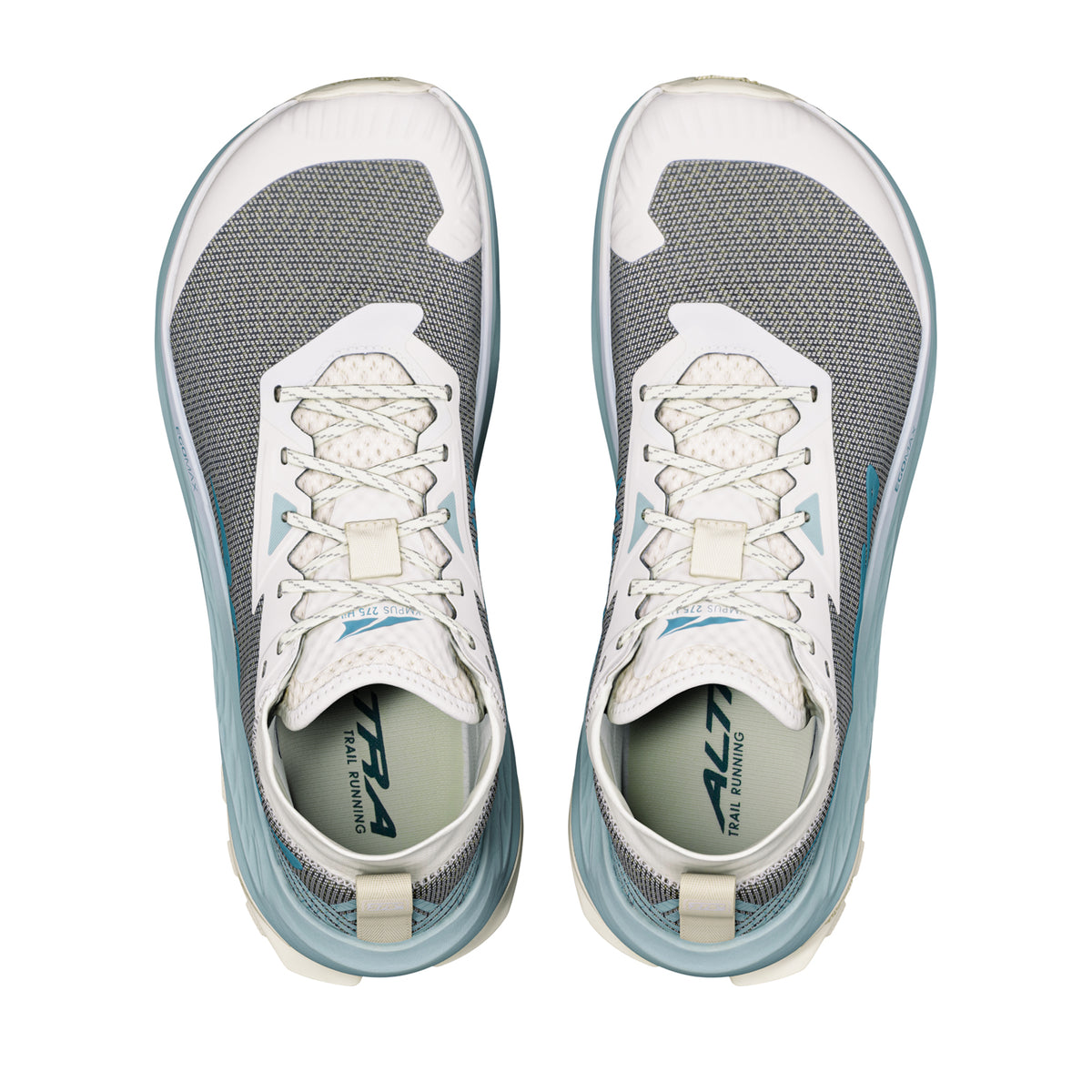 Men's Altra Olympus 275 HiLo Trail Running Shoes Ultimate Gray Sea Pine Green Milieu top view showing MATRYX one-piece woven upper with built-in scree sleeve and roomiest toe box for technical trail protection