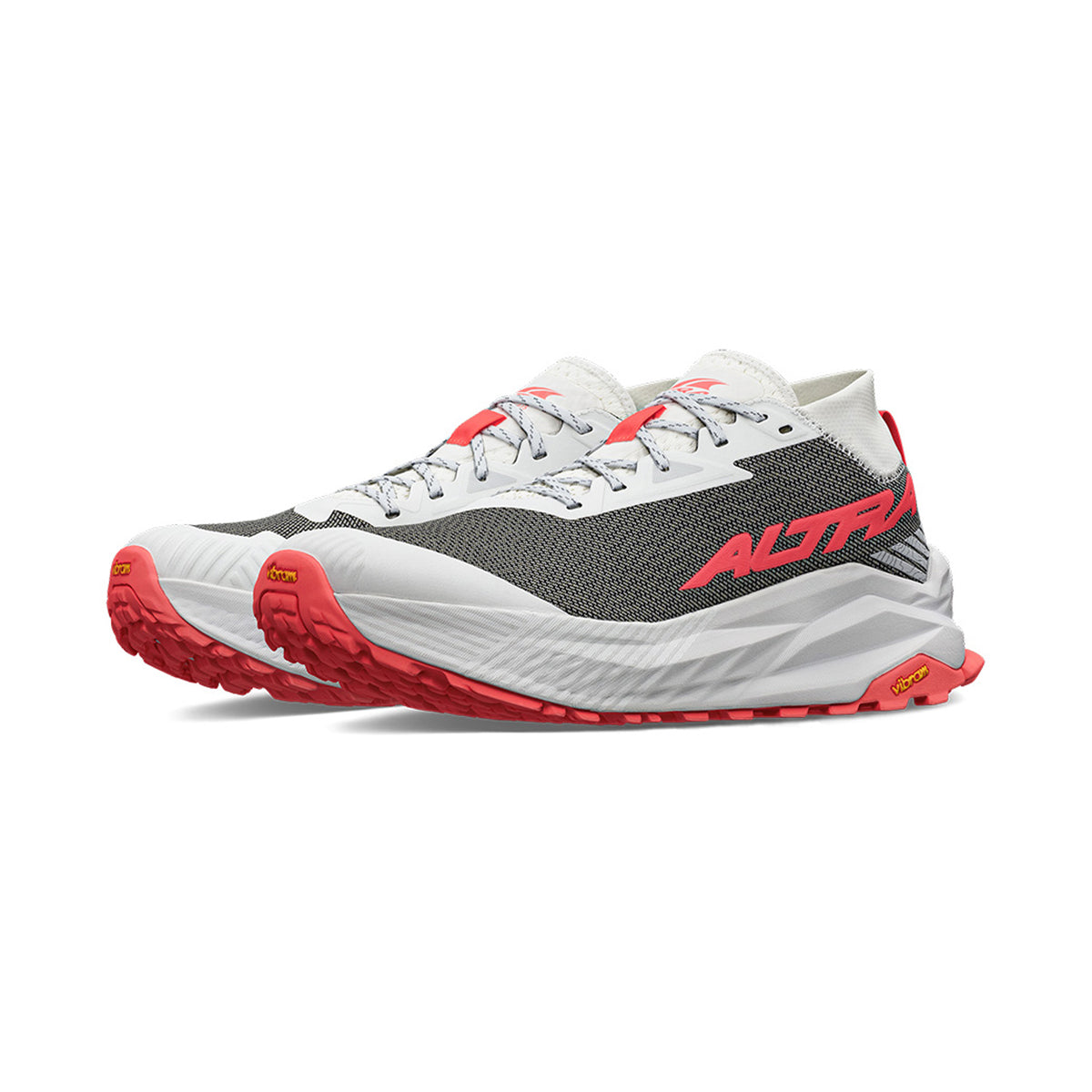 Men's Altra Olympus 275 Trail Running Shoes White Grey Red angled side view showing MATRYX Kevlar upper, compression-moulded EVA cushioning and Vibram Megagrip technical trail construction